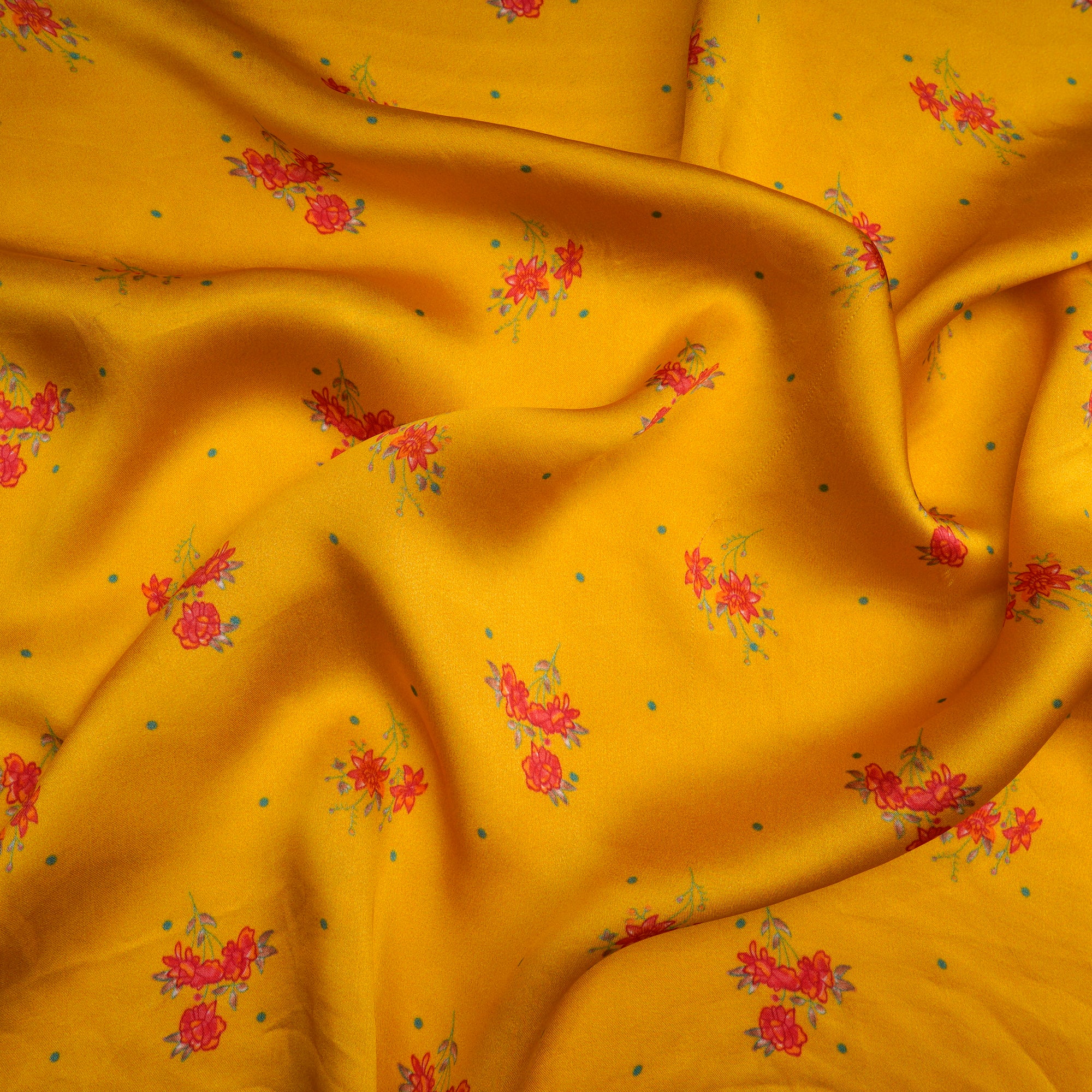 (Pre-Cut 2.65 Mtr)Yellow Floral Pattern Digital Print Viscose Satin Fabric