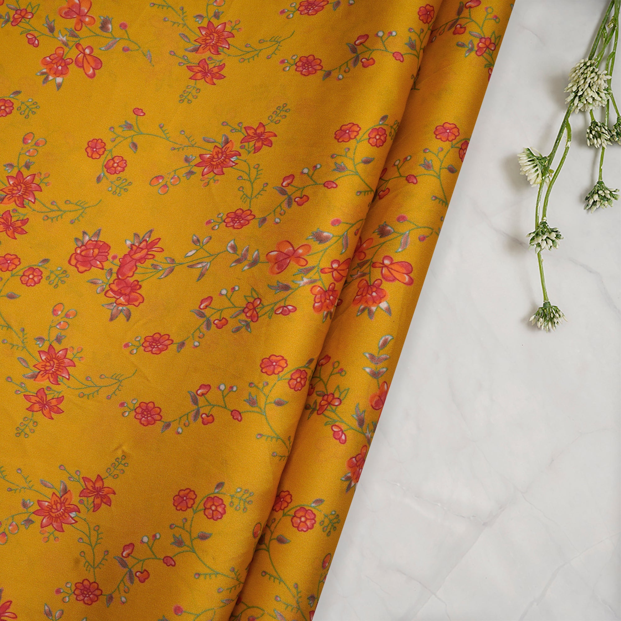 (Pre-Cut 2.75 Mtr)Yellow Floral Pattern Digital Printed Viscose Fabric