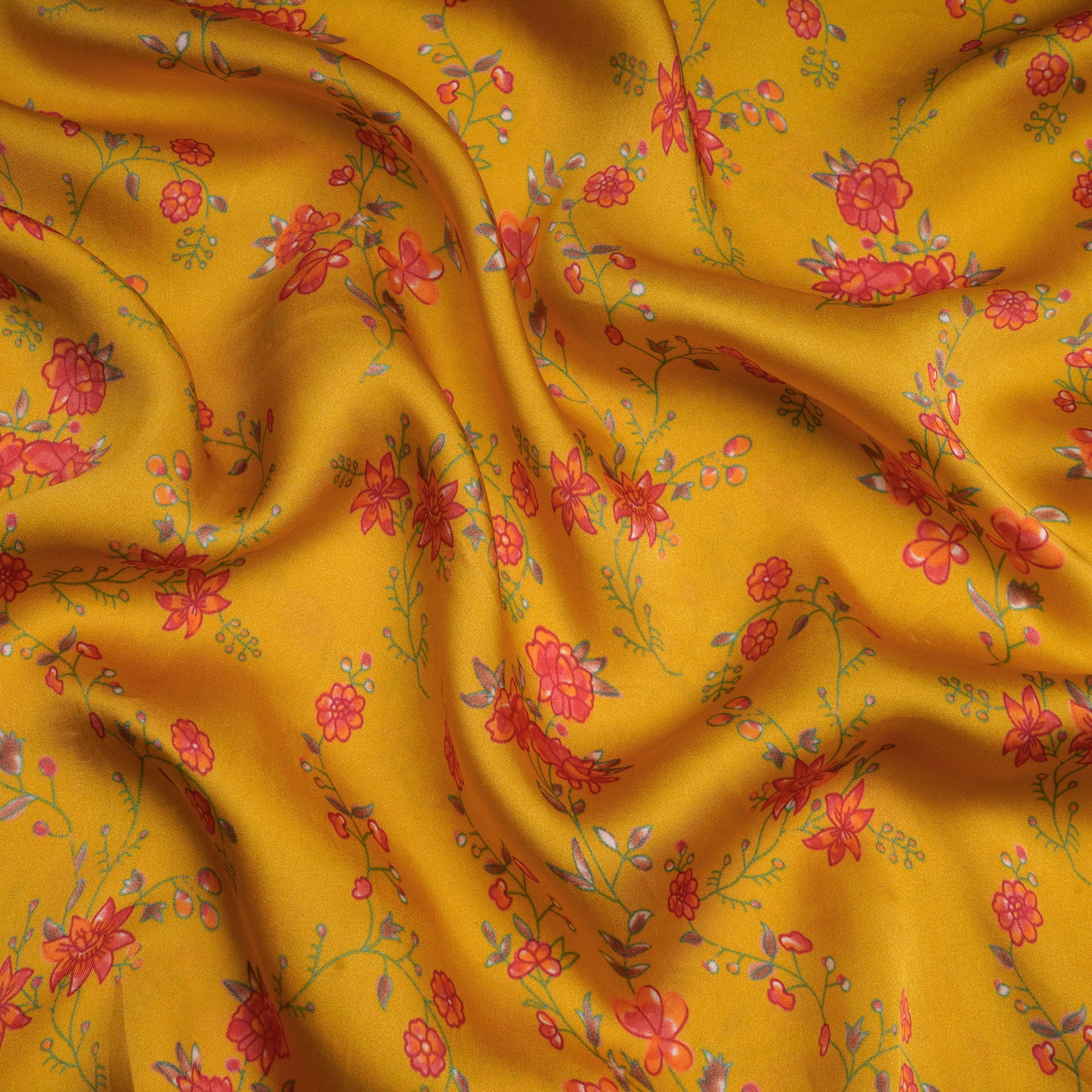 (Pre-Cut 2.75 Mtr)Yellow Floral Pattern Digital Printed Viscose Fabric