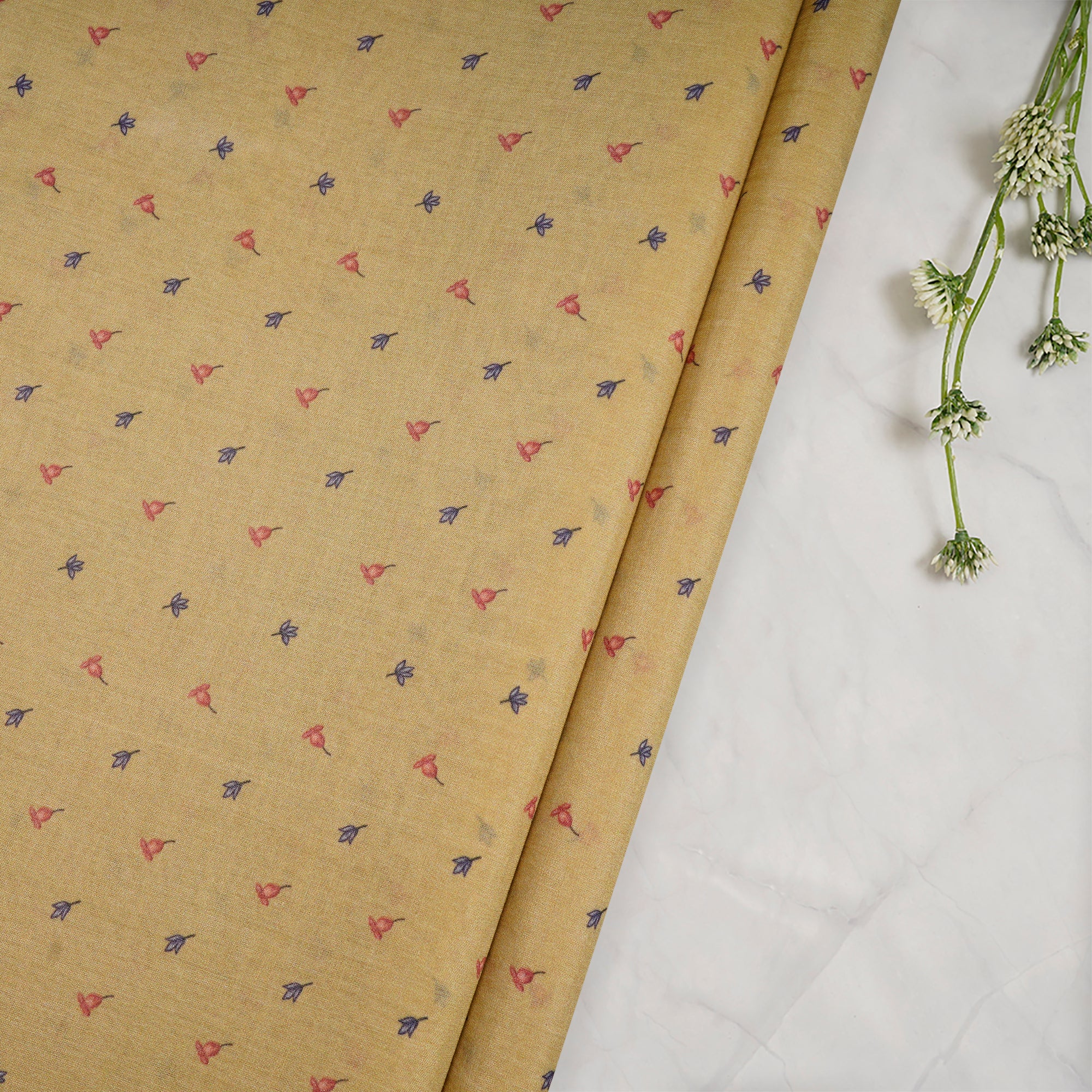 (Pre-Cut 4.30 Mtr)Southern Moss All Over Pattern Digital Print Tusser Chanderi Fabric