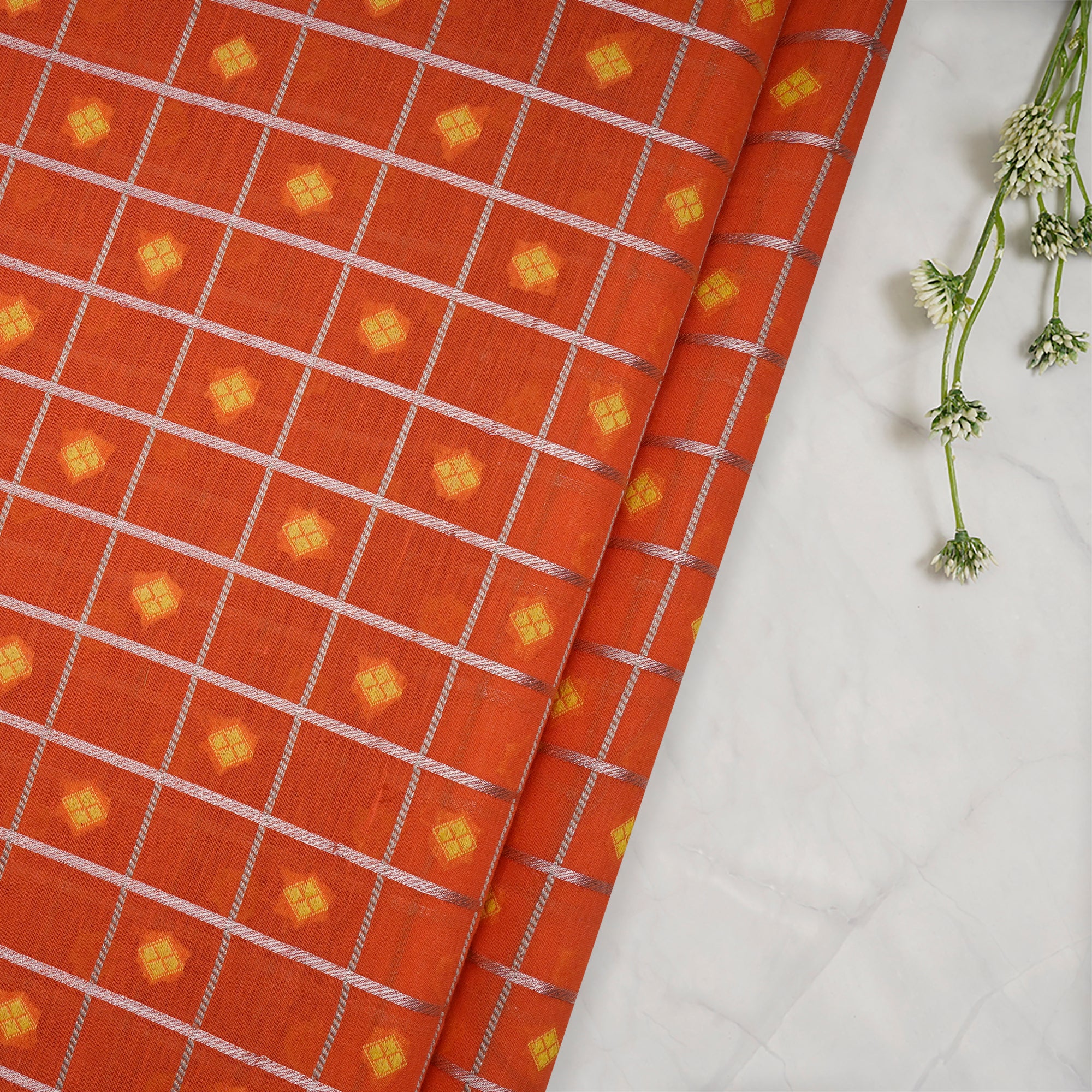 (Pre-Cut 3.10 Mtr)Orange All Over Pattern Brocade Chanderi Fabric