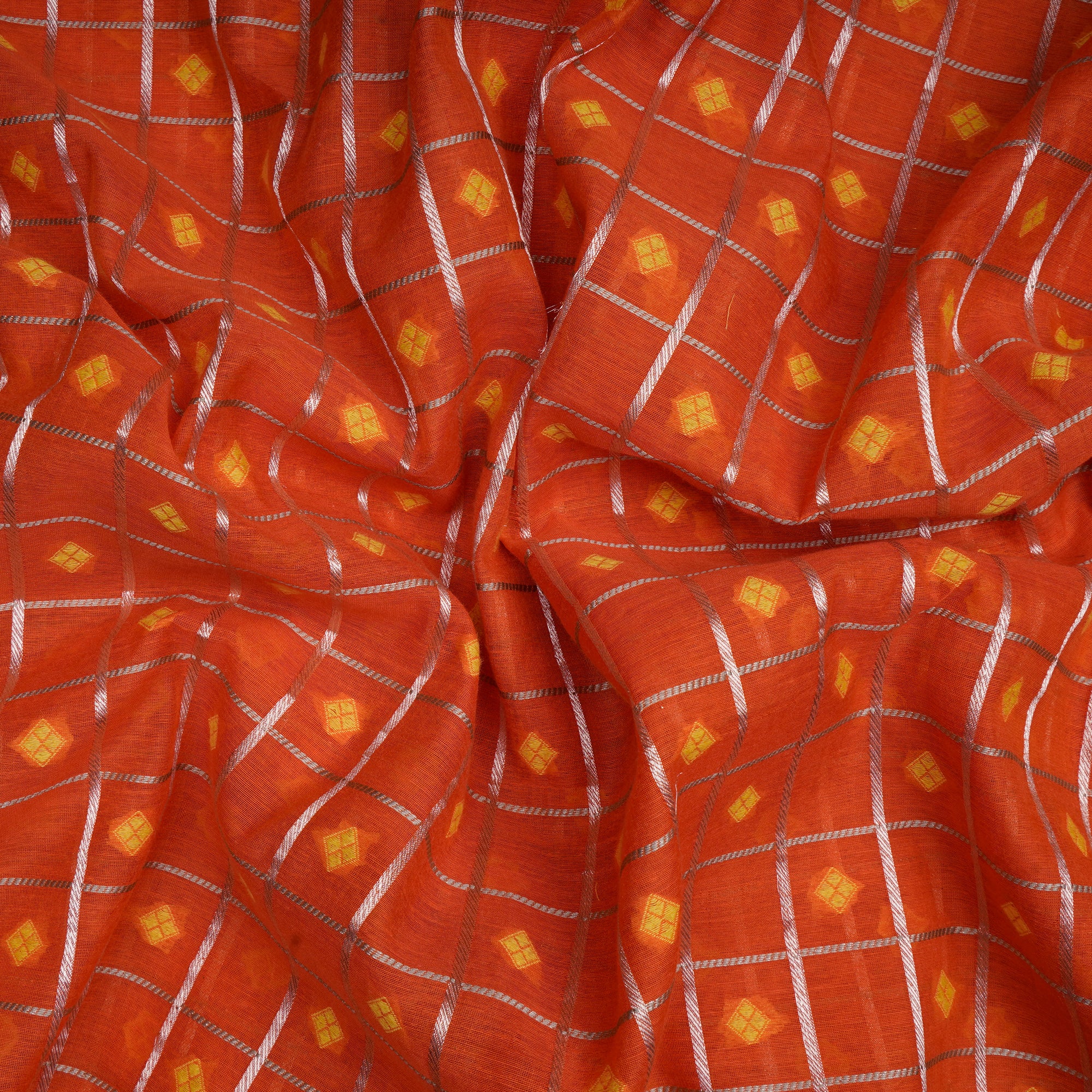 (Pre-Cut 3.10 Mtr)Orange All Over Pattern Brocade Chanderi Fabric