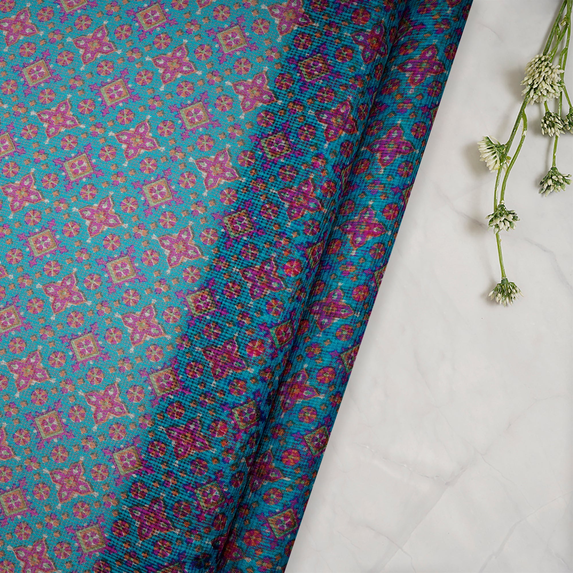 (Pre-Cut 0.90 Mtr)Multi Color All Over Pattern Screen Print Kota Fabric
