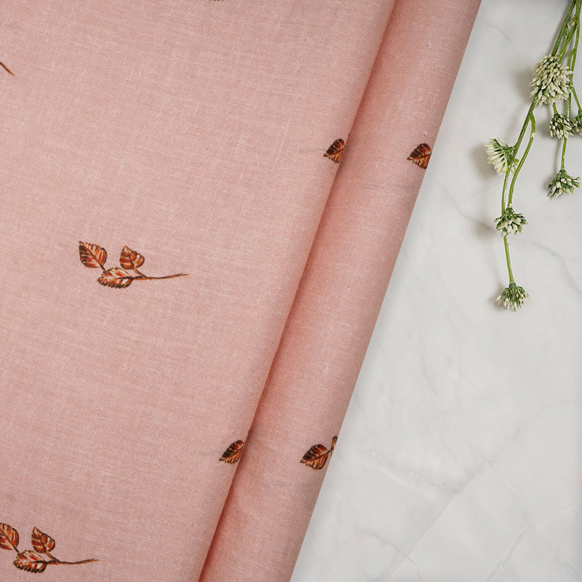 (Pre-Cut 2.00 Mtr)Peach Floral Pattern Digital Print Linen Excel Fabric