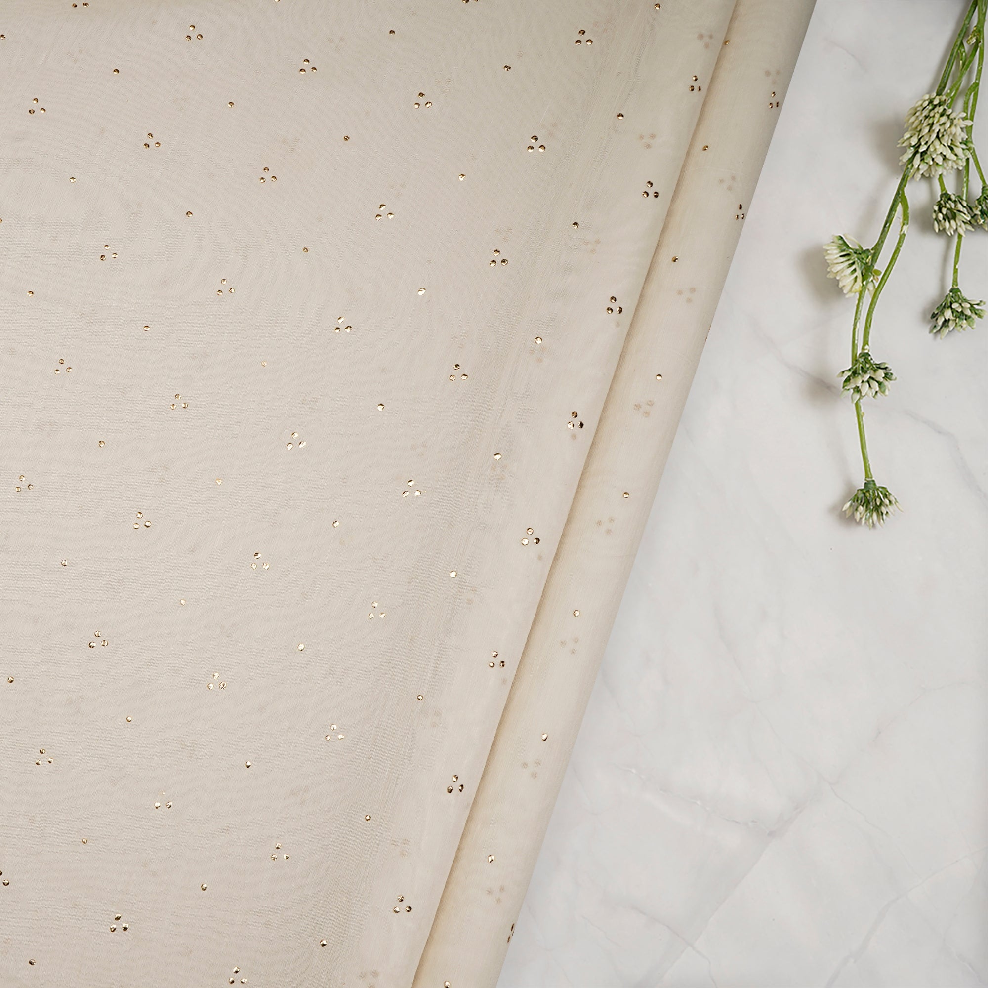 (Pre-Cut 1.55 Mtr)Off White Dyeable Mukaish Look Dewdrops Work Pure Fine Chanderi Fabric