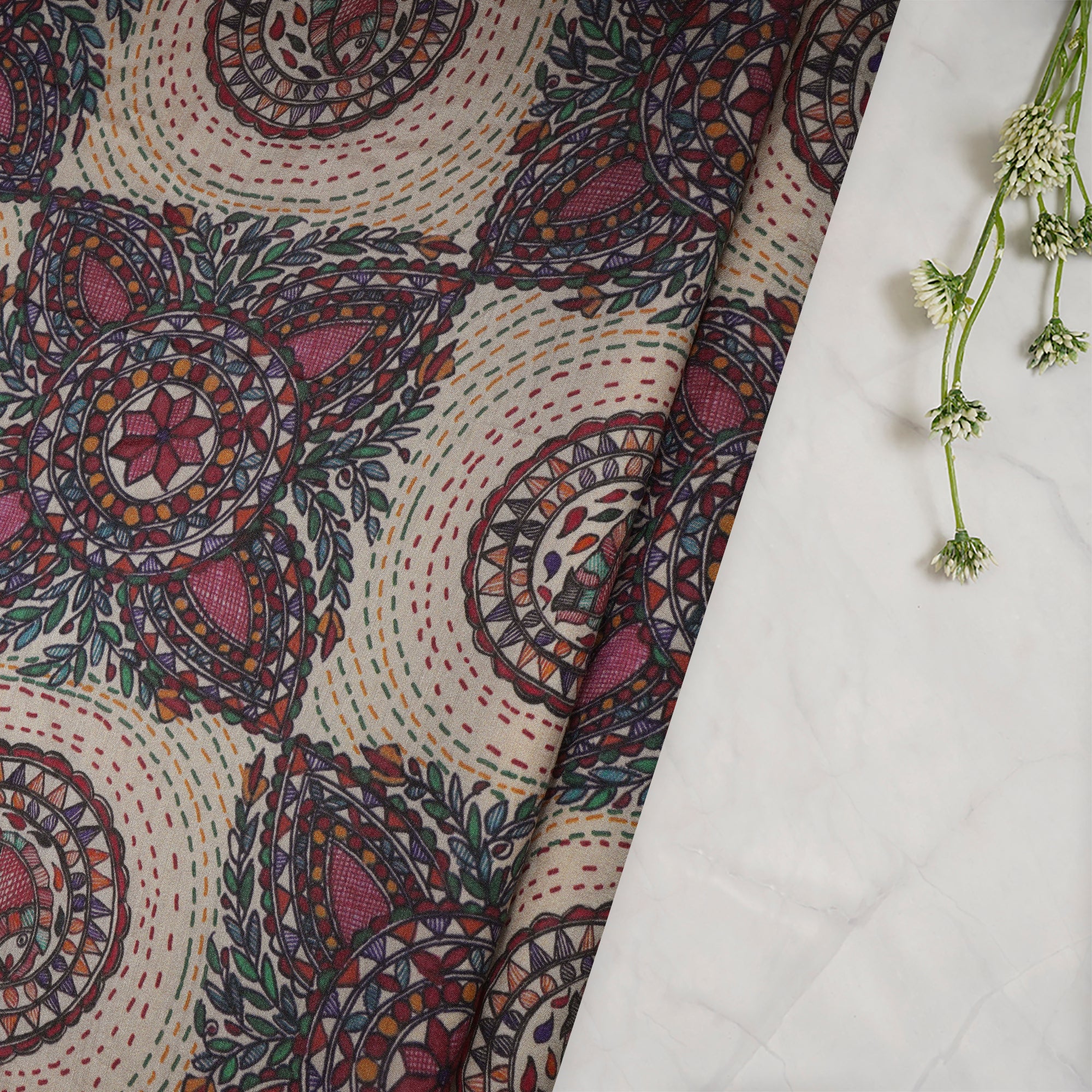 (Pre-Cut 1.30 Mtr)Off White Color Digital Print Madhubani Pattern Muslin Fabric