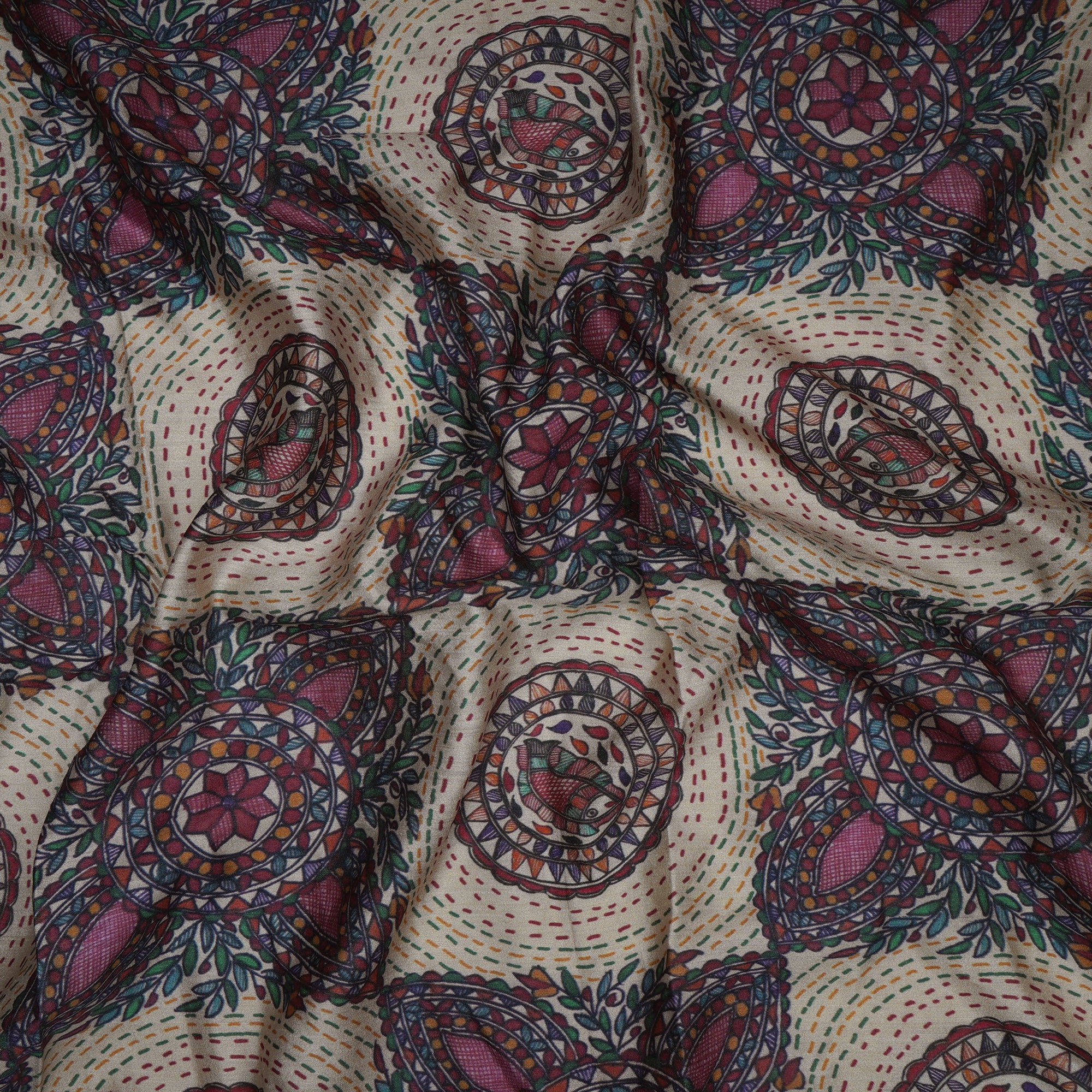 (Pre-Cut 1.30 Mtr)Off White Color Digital Print Madhubani Pattern Muslin Fabric