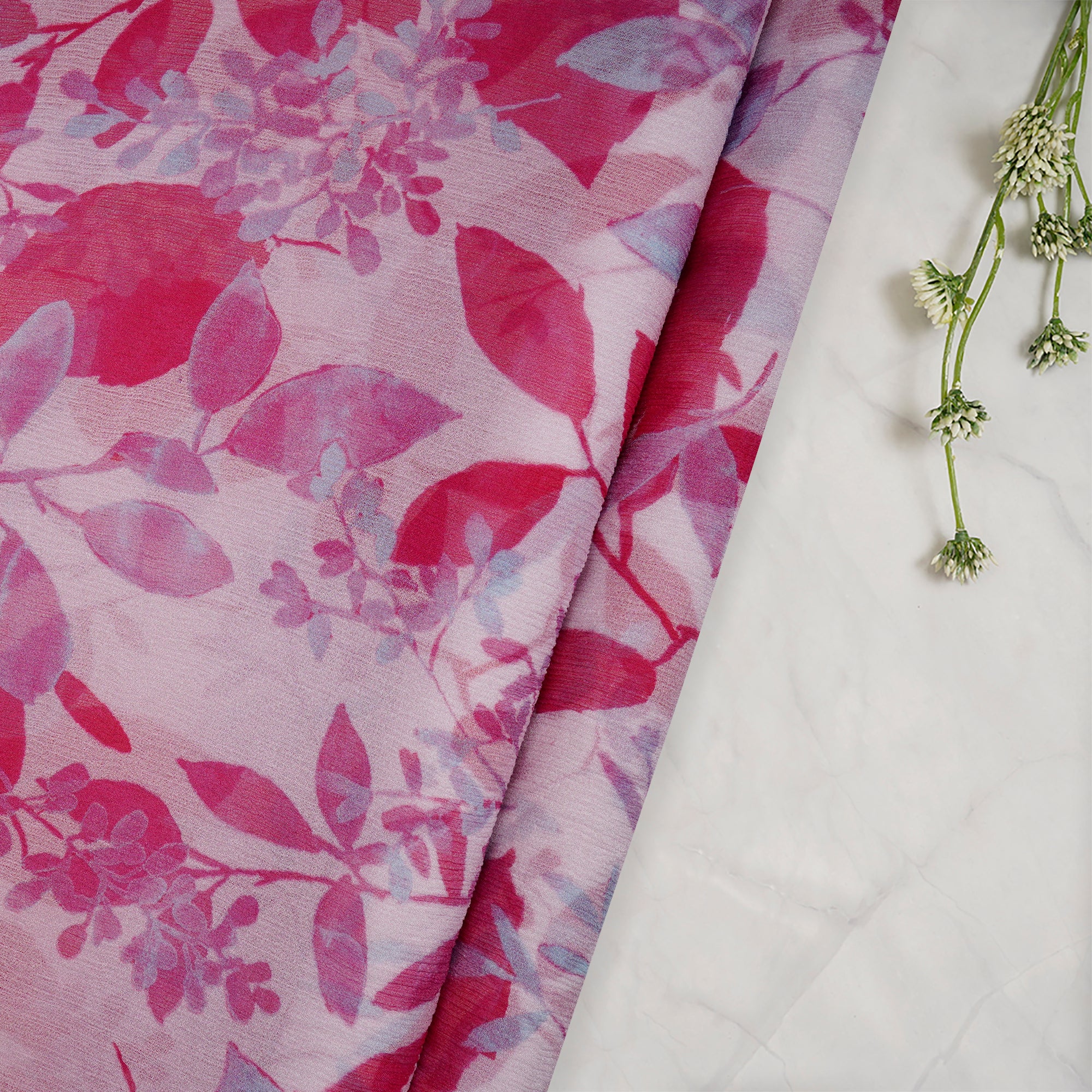 (Pre-Cut 1.40 Mtr)Pink Floral Pattern Digital Printed Chiffon Silk Fabric