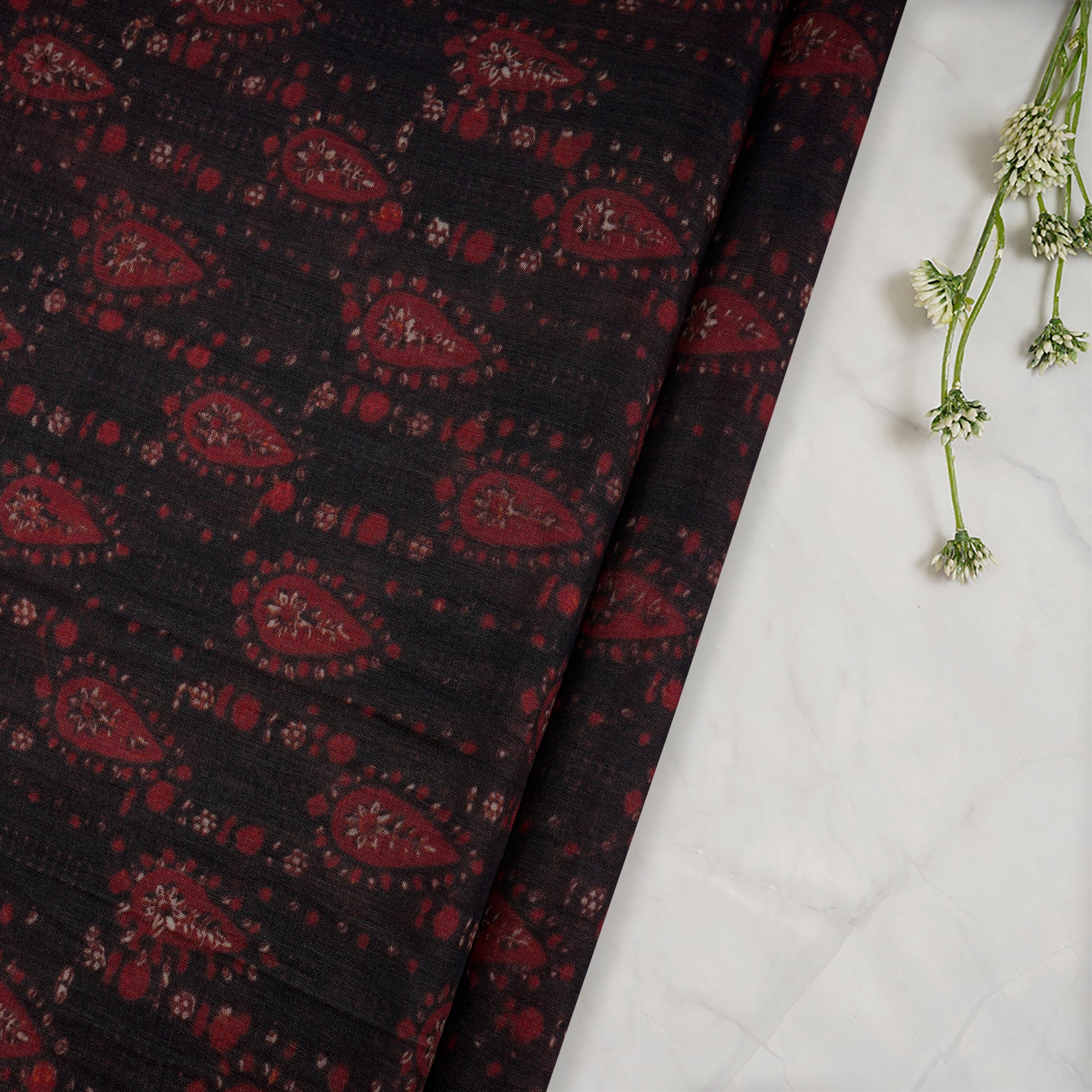 (Pre-Cut 1.65 Mtr)Black-Red All Over Pattern Digital Printed Silk-Cotton Fabric