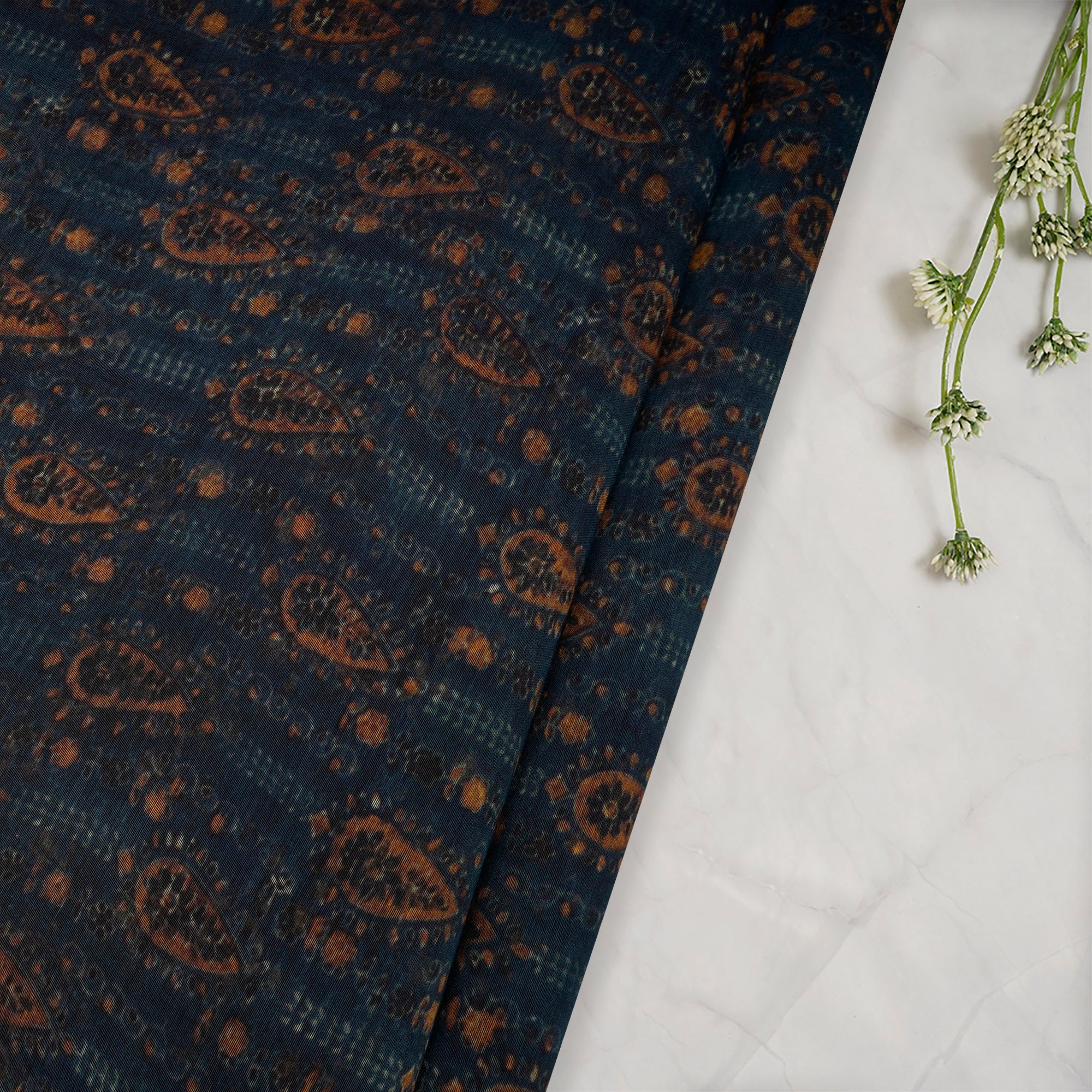 (Pre-Cut 2.90 Mtr)Navy Blue Floral Pattern Digital Printed Silk-Cotton Fabric