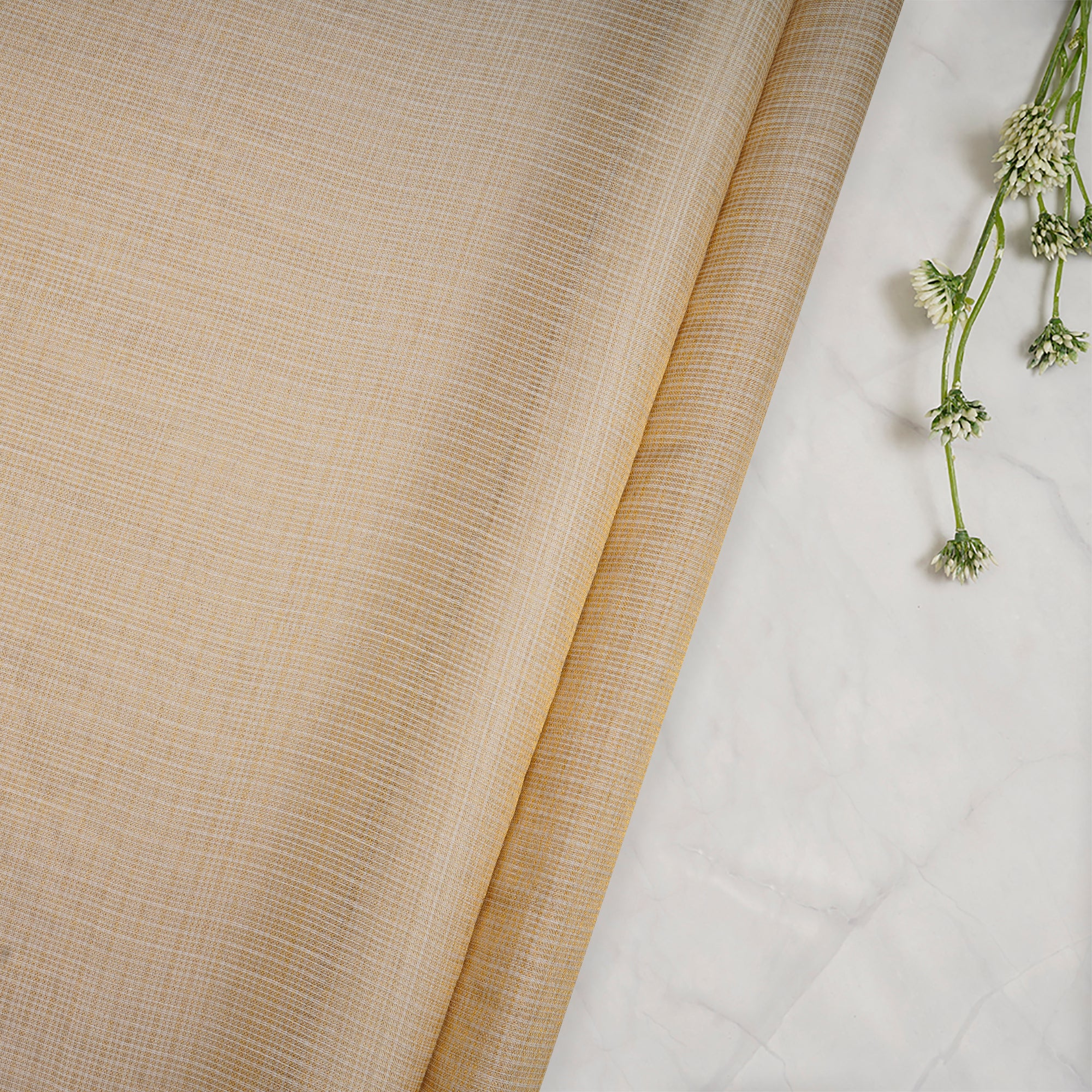 (Pre-Cut 3.25 Mtr)White-Gold Check Pattern Tissue Fabric