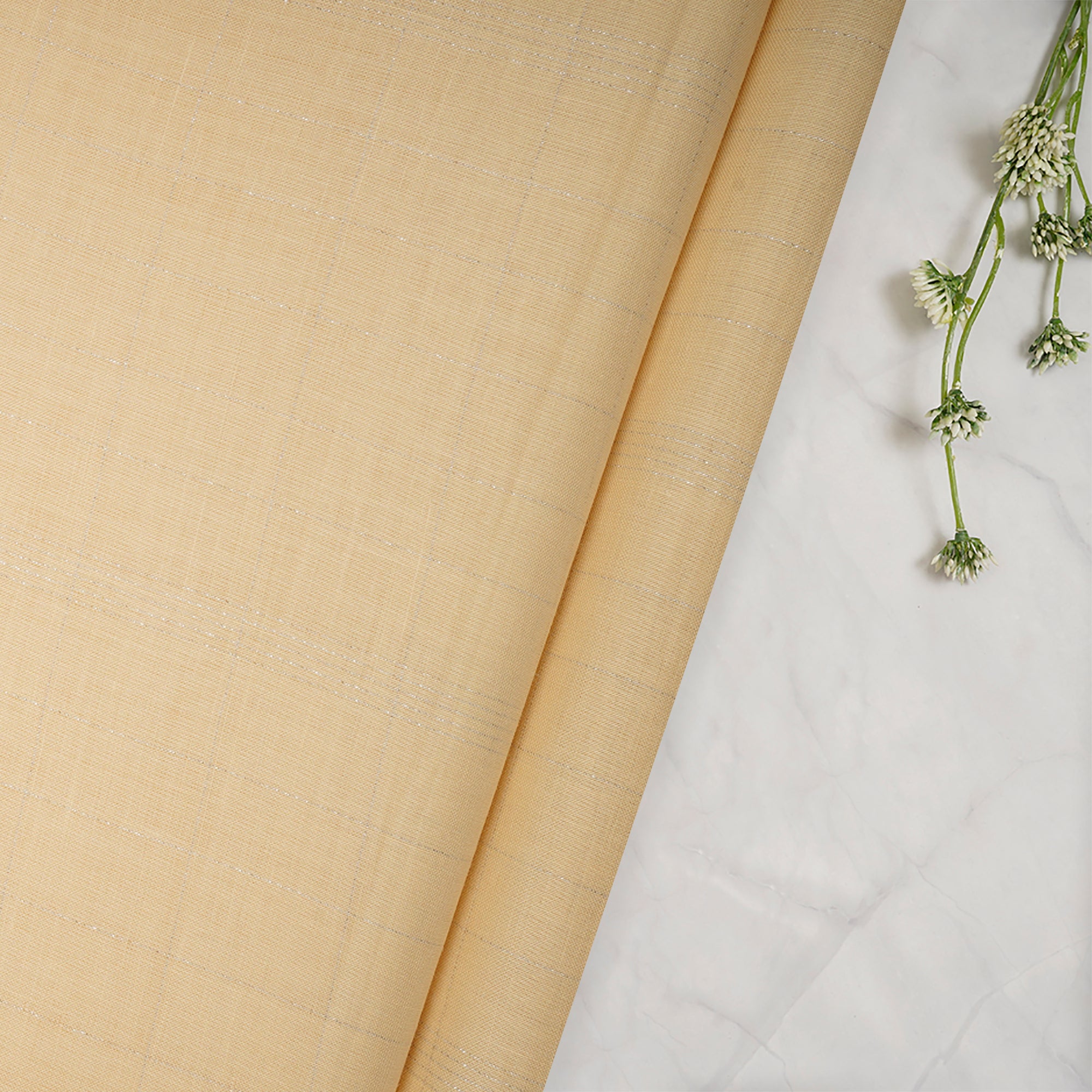 (Pre-Cut 3.00 Mtr)Yellow Silver Zari Striped Linen Fabric With Lurex