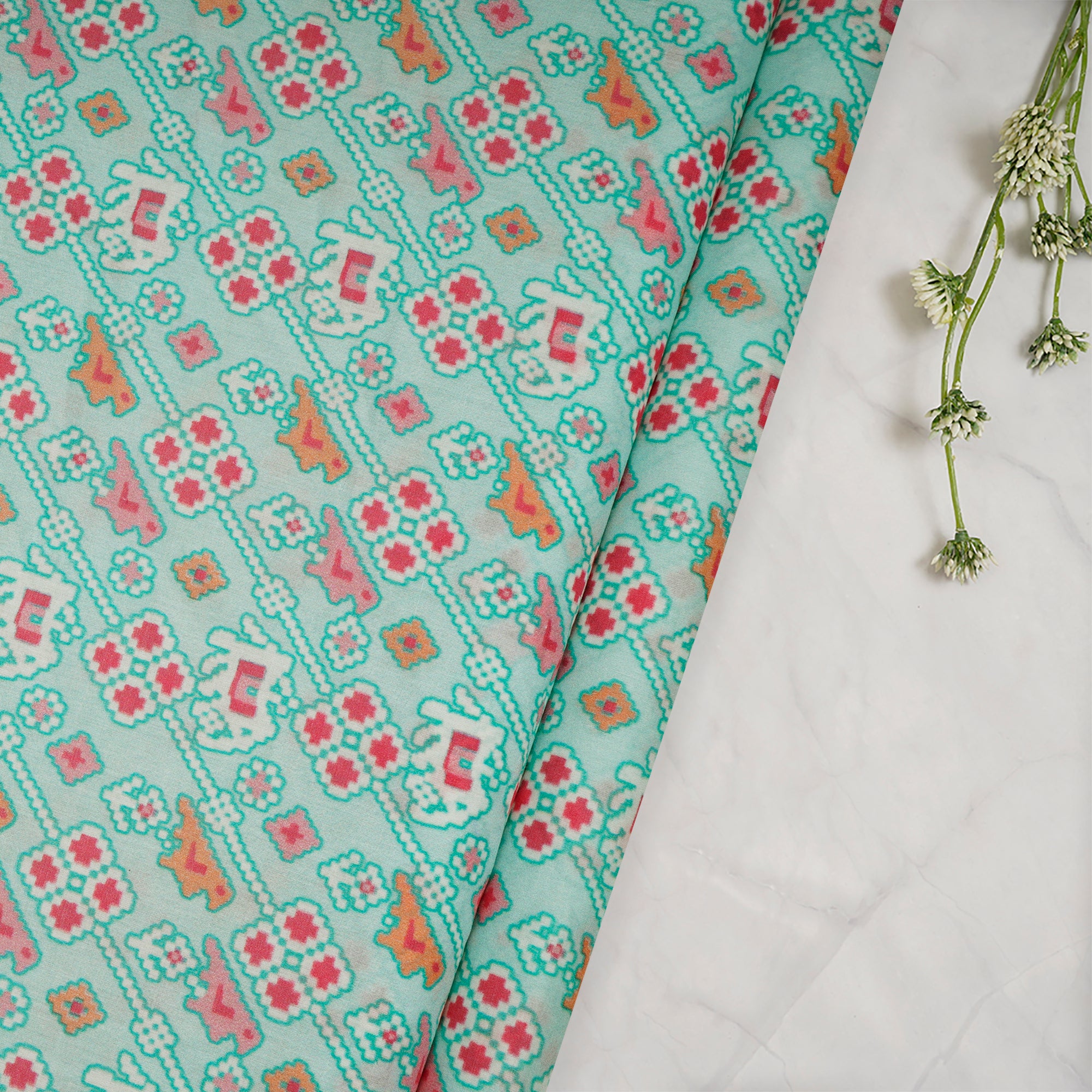 (Pre-Cut 2.75 Mtr)Glacier Patola Pattern Digital Printed Silk-Cotton Fabric