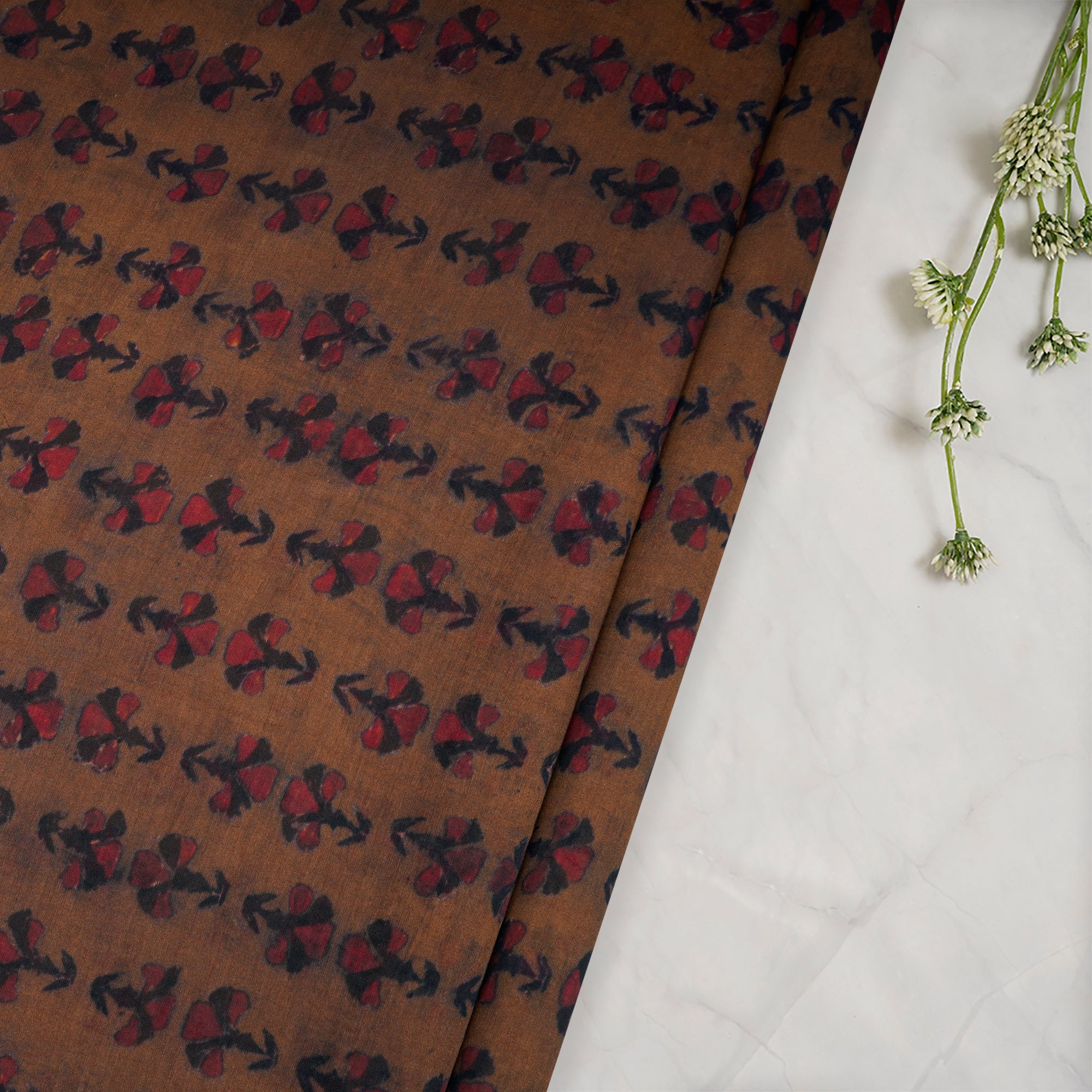 (Pre-Cut 1.85 Mtr)Light Brown Floral Motif Pattern Digital Printed Silk-Cotton Fabric