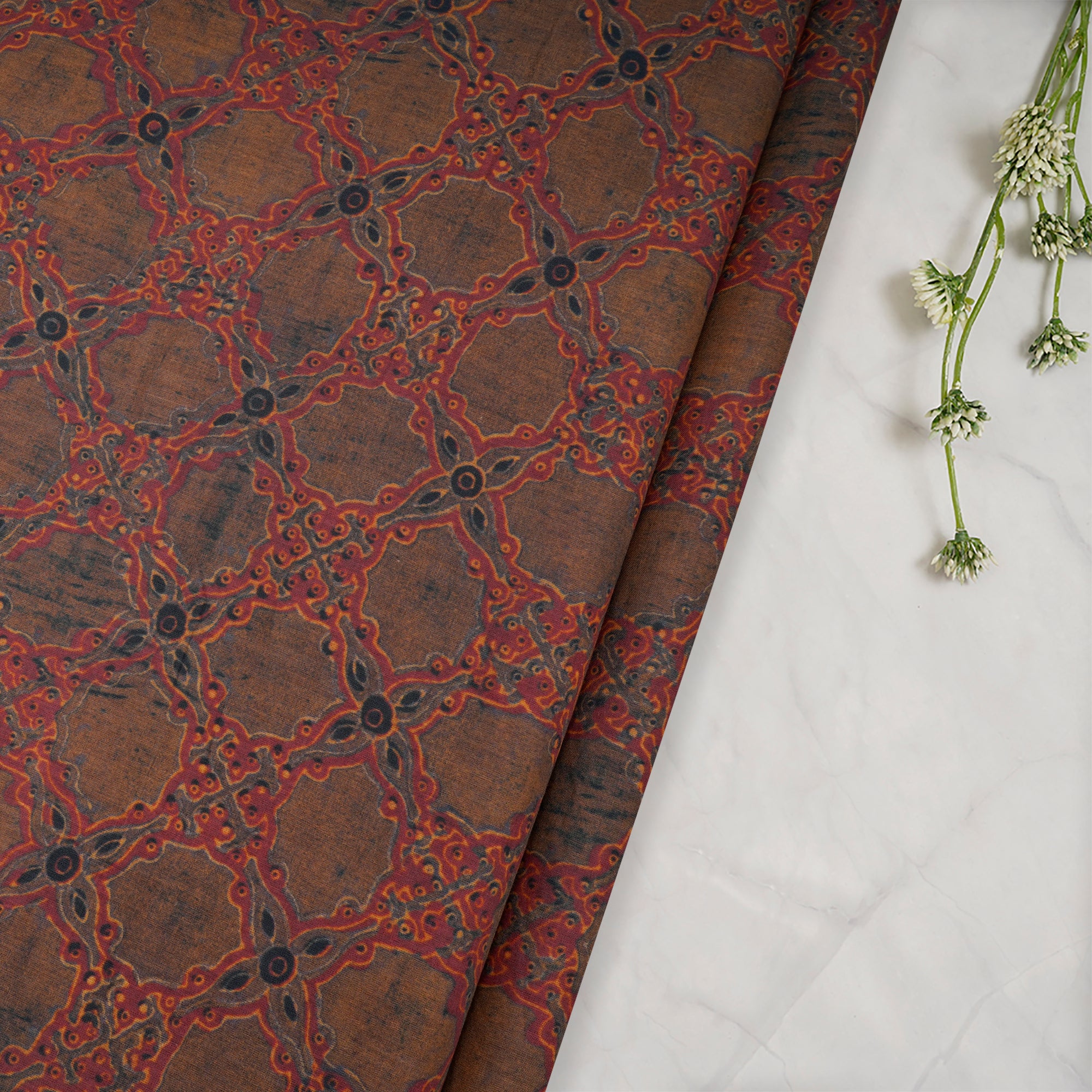 (Pre-Cut 3.20 Mtr)Brown All Over Pattern Digital Printed Silk-Cotton Fabric