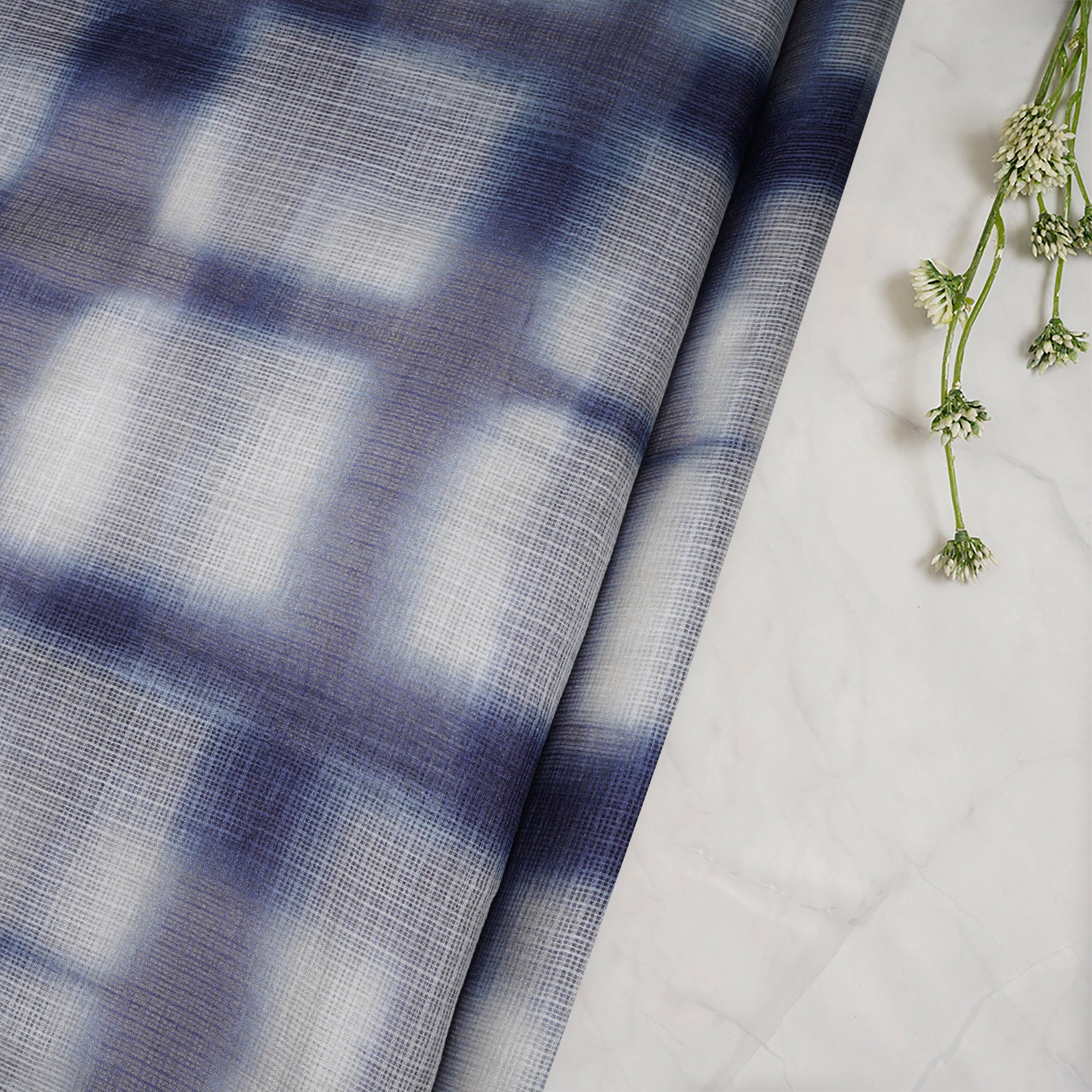 (Pre-Cut 4.80Mtr)Blue-White Color Handcrafted Shibori Printed Pure Kota Silk Fabric