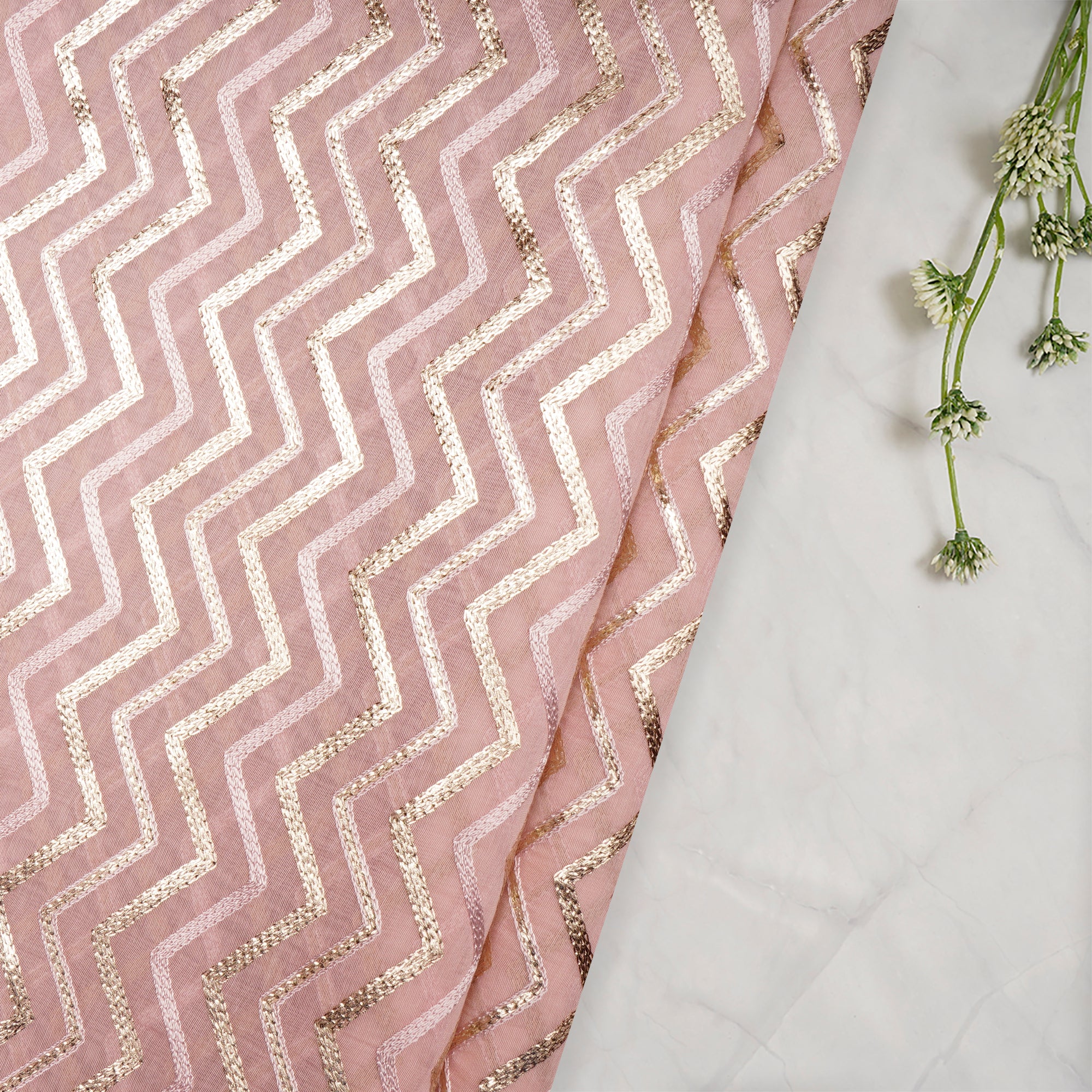 (Pre-Cut 1.50 Mtr)Baby Pink All Over Pattern Embroidered Chanderi Fabric
