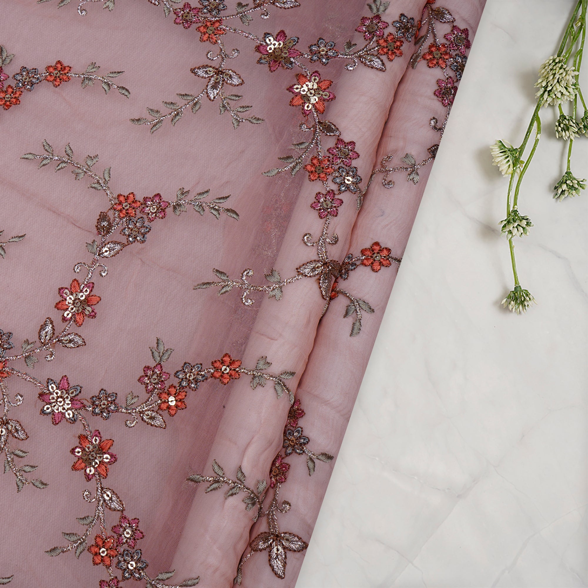 (Pre-Cut 0.50 Mtr)Baby Pink Floral Pattern Thread Sequins Embroidered Bemberg Chiffon Fabric