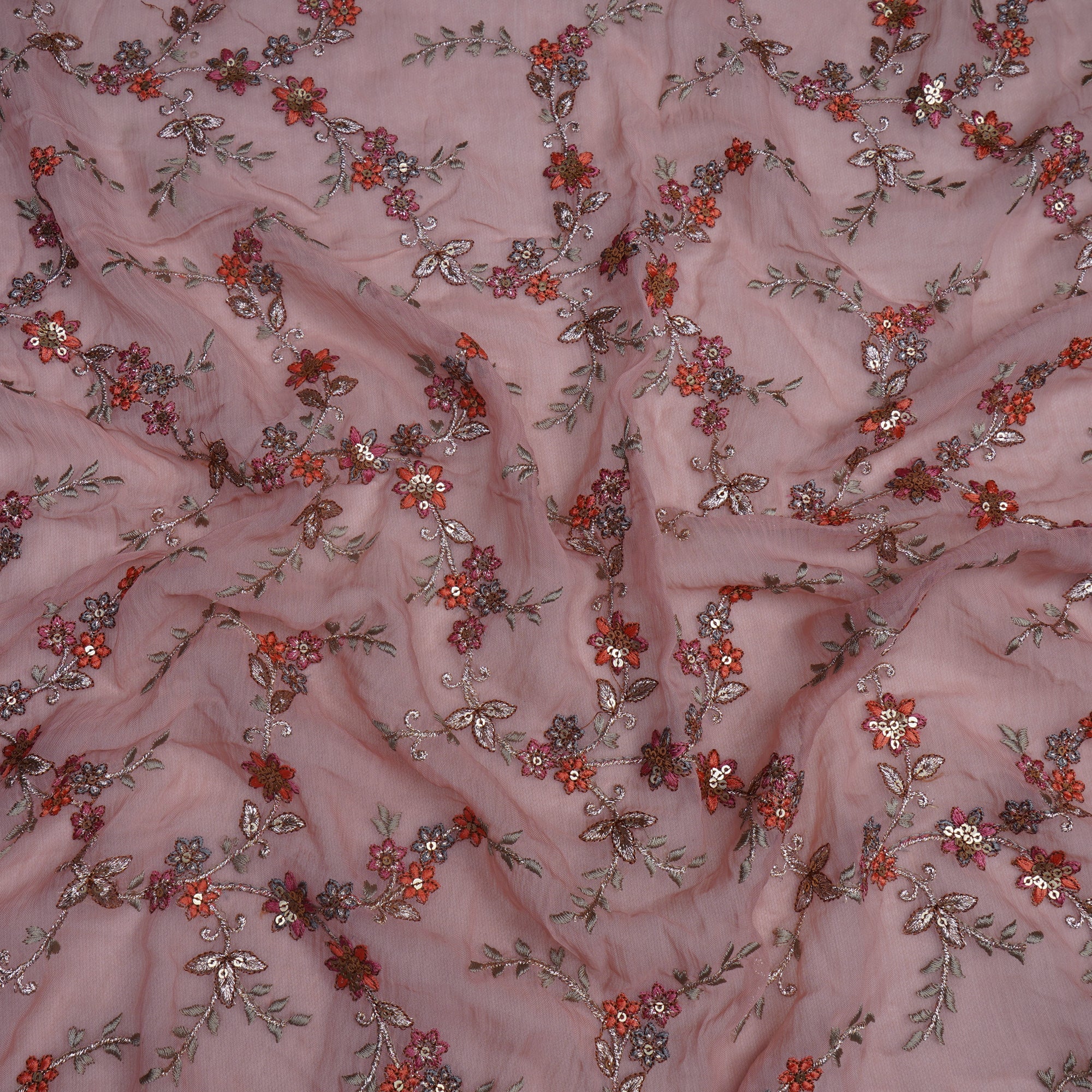 (Pre-Cut 0.50 Mtr)Baby Pink Floral Pattern Thread Sequins Embroidered Bemberg Chiffon Fabric