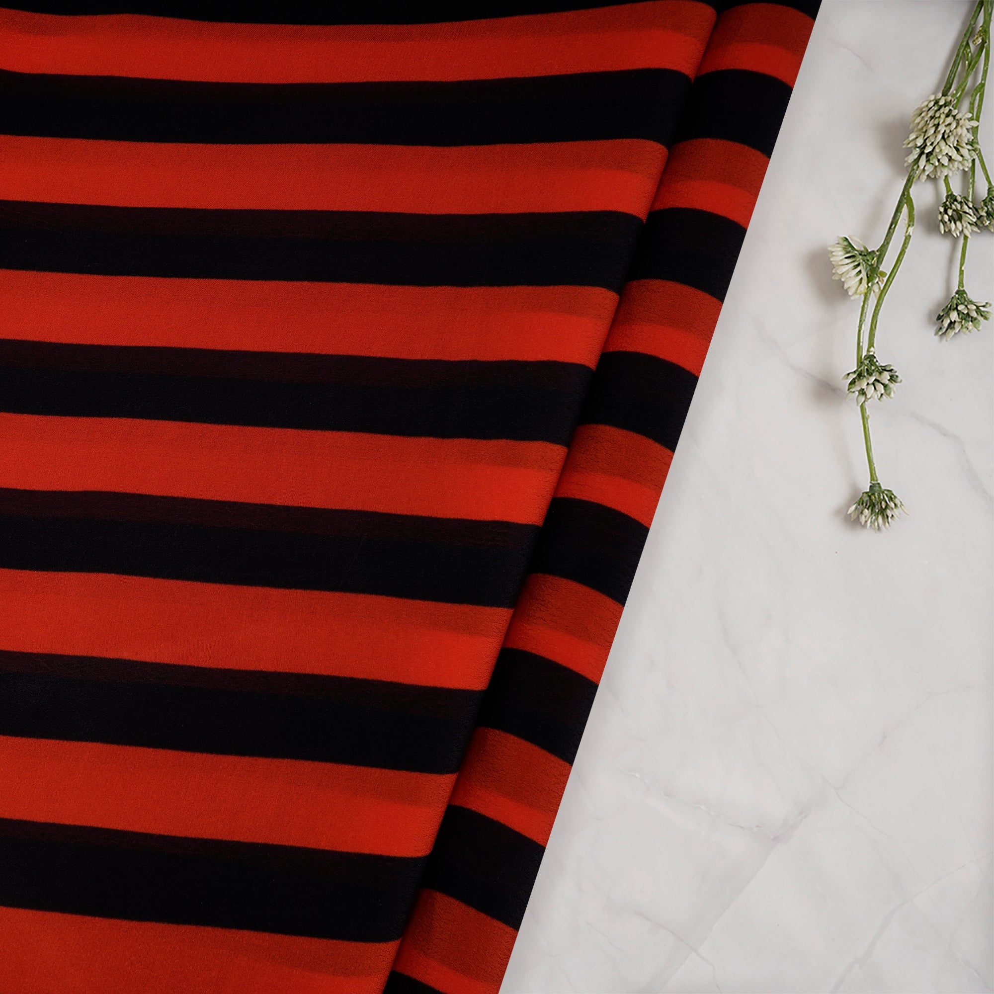 (Pre-Cut 2.70 Mtr)Red-Black Striped Pattern Digital Printed Bemberg Fabric