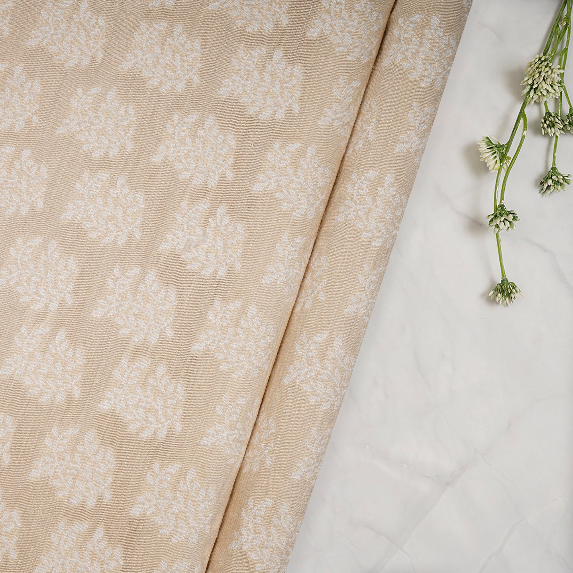 (Pre-Cut 0.65 Mtr)Beige-White Muga Silk Jacquard Fabric
