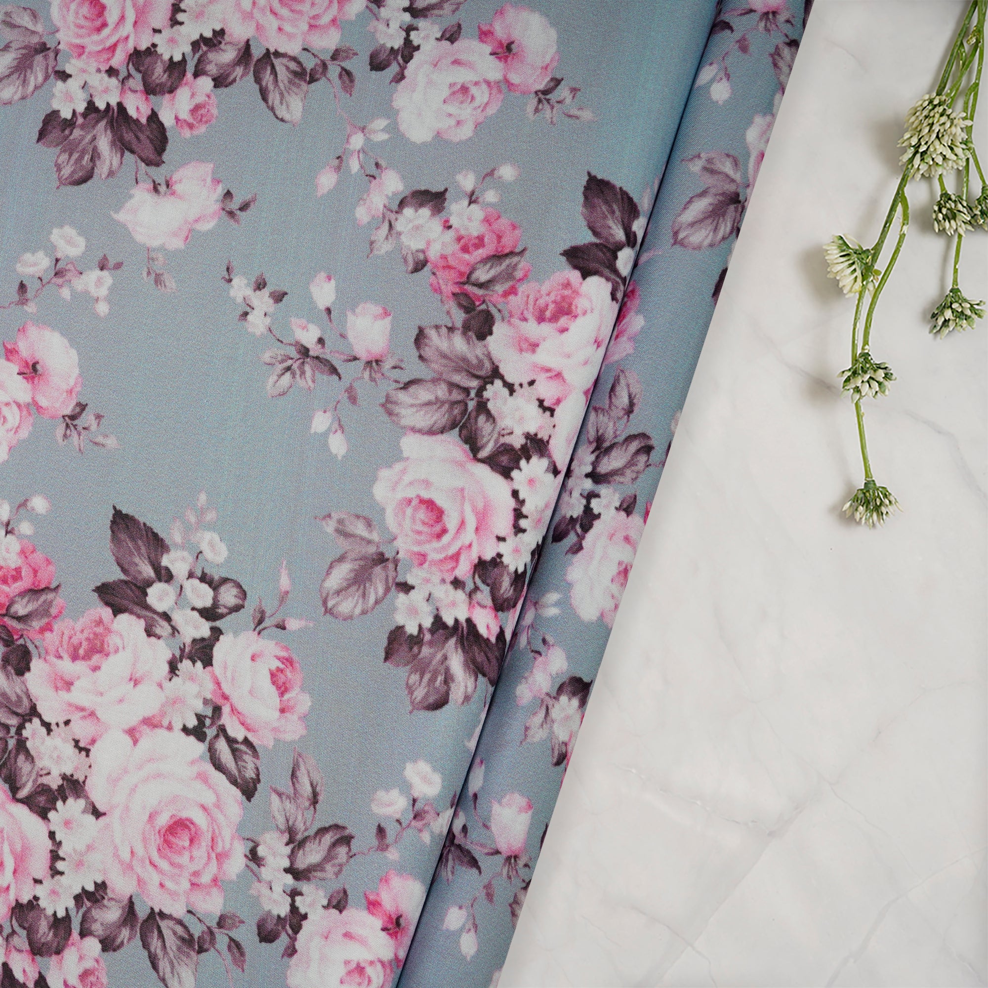 (Pre-Cut 2.15 Mtr)Sky Blue Floral Pattern Digital Printed Modal Fabric