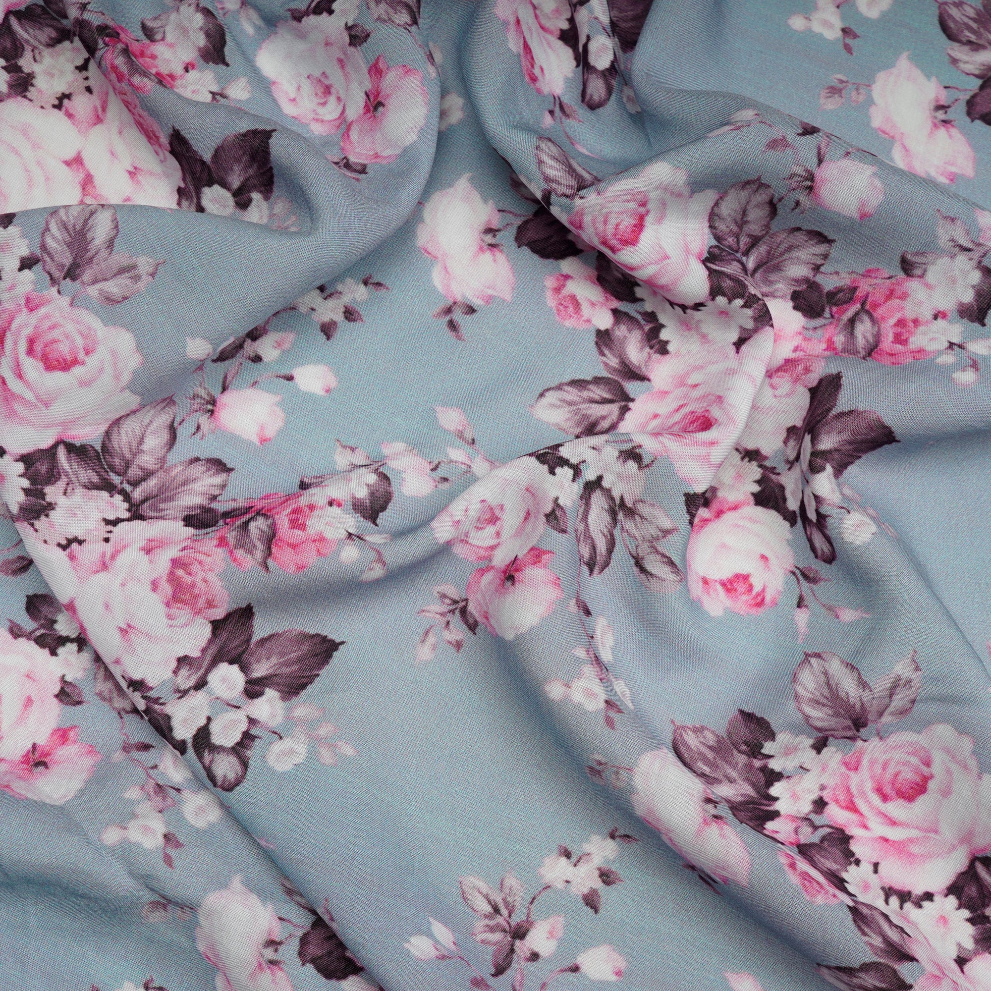 (Pre-Cut 2.15 Mtr)Sky Blue Floral Pattern Digital Printed Modal Fabric