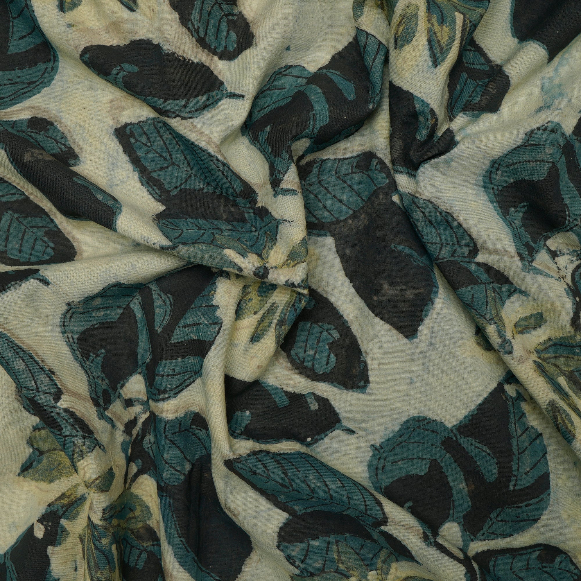 (Pre-Cut 0.95 Mtr)Black-Olive Blue Natural Dye Hand Block Vanspati Printed Cotton Fabric