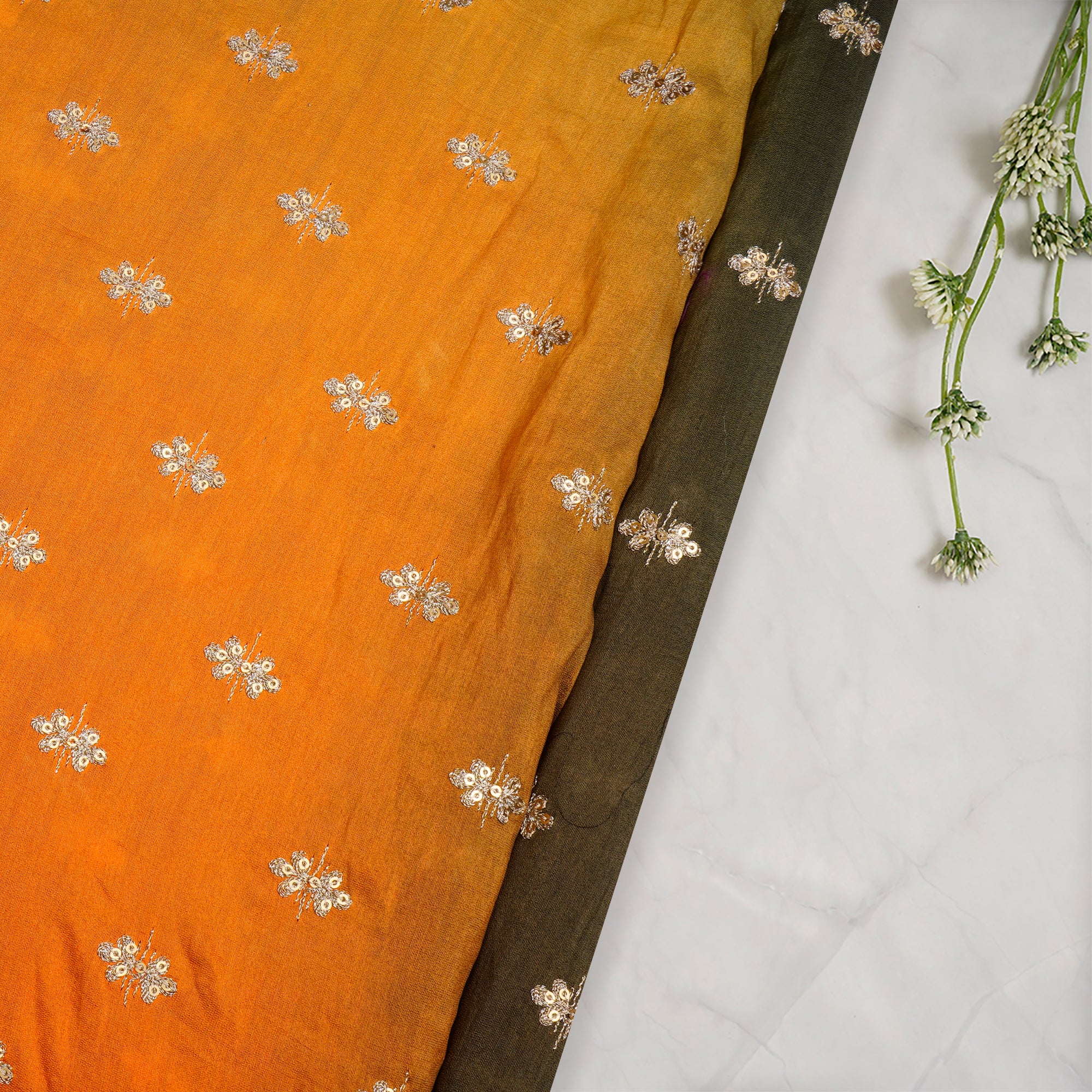 (Pre-Cut 2.90 Mtr)Multi Color Motif Pattern Thread & Sequence Embroidered Pure Chanderi Fabric