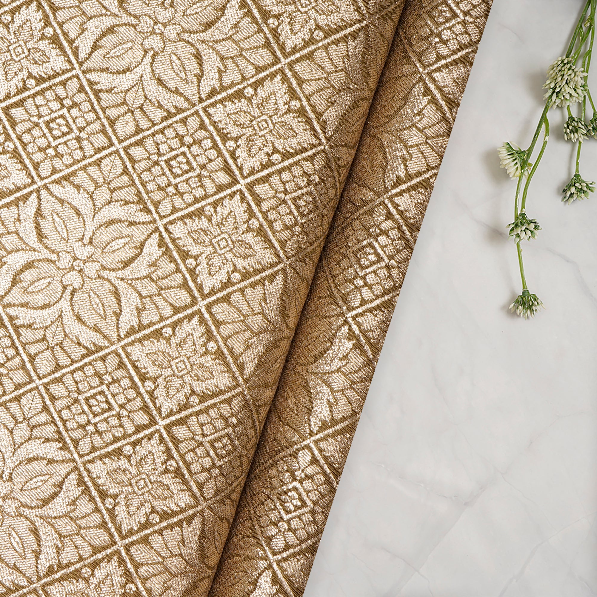 (Pre-Cut 1.0 Mtr)Dull Gold All Over Pattern Blended Banarasi Brocade Fabric
