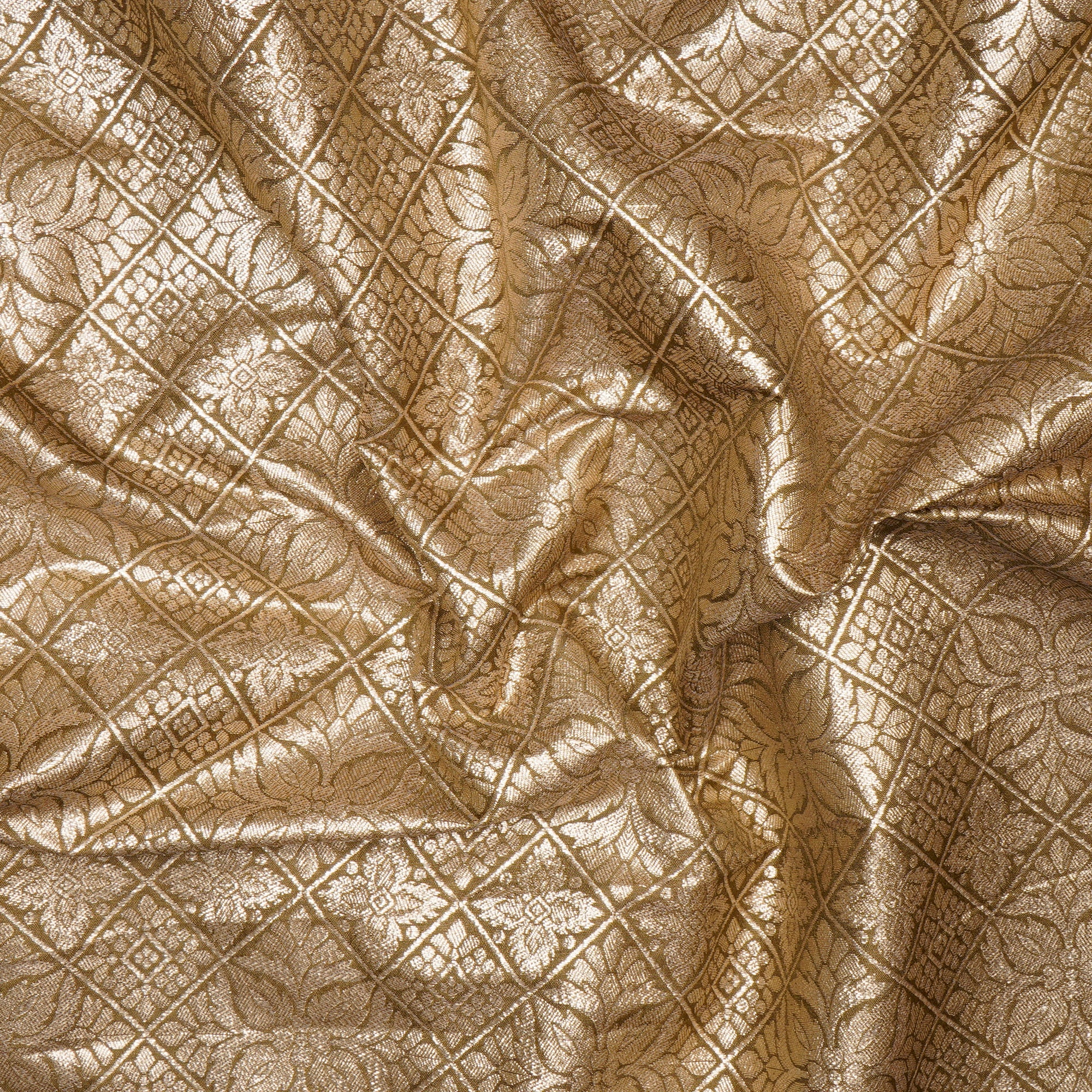 (Pre-Cut 1.0 Mtr)Dull Gold All Over Pattern Blended Banarasi Brocade Fabric