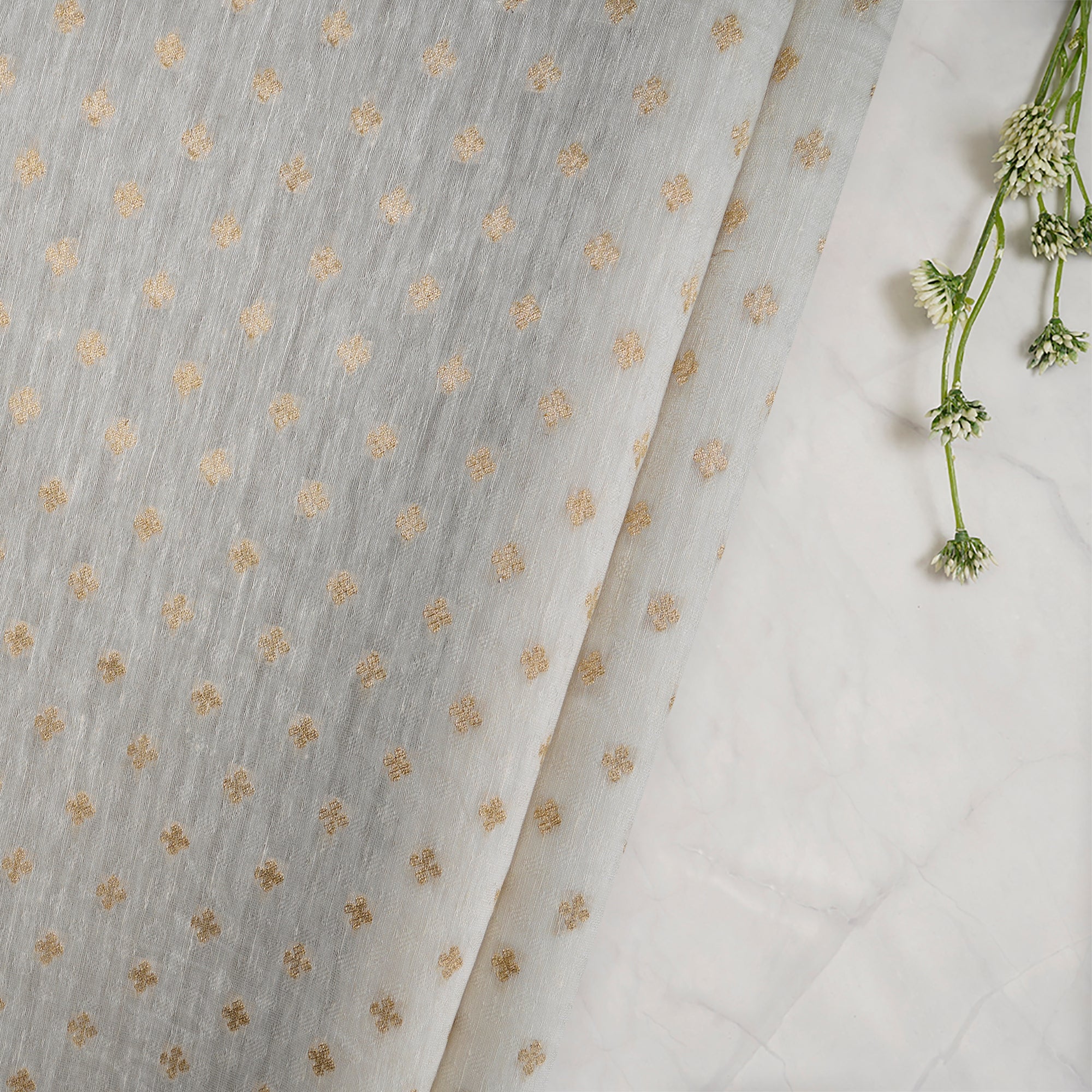 (Pre-Cut 0.60 Mtr) Off-White Dyeable Booti Pattern Jacquard Silk Fabric