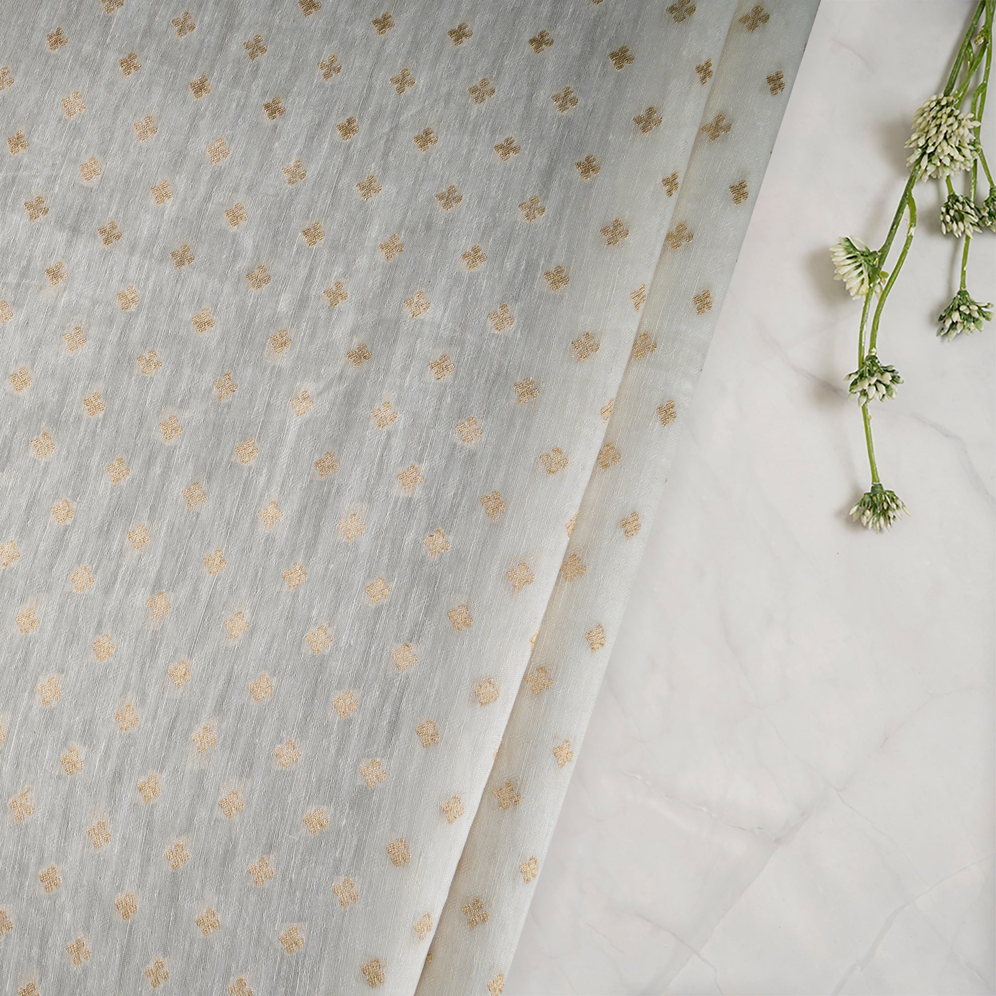 (Pre-Cut 0.80 Mtr) Off-White Dyeable Booti Pattern Jacquard Silk Fabric