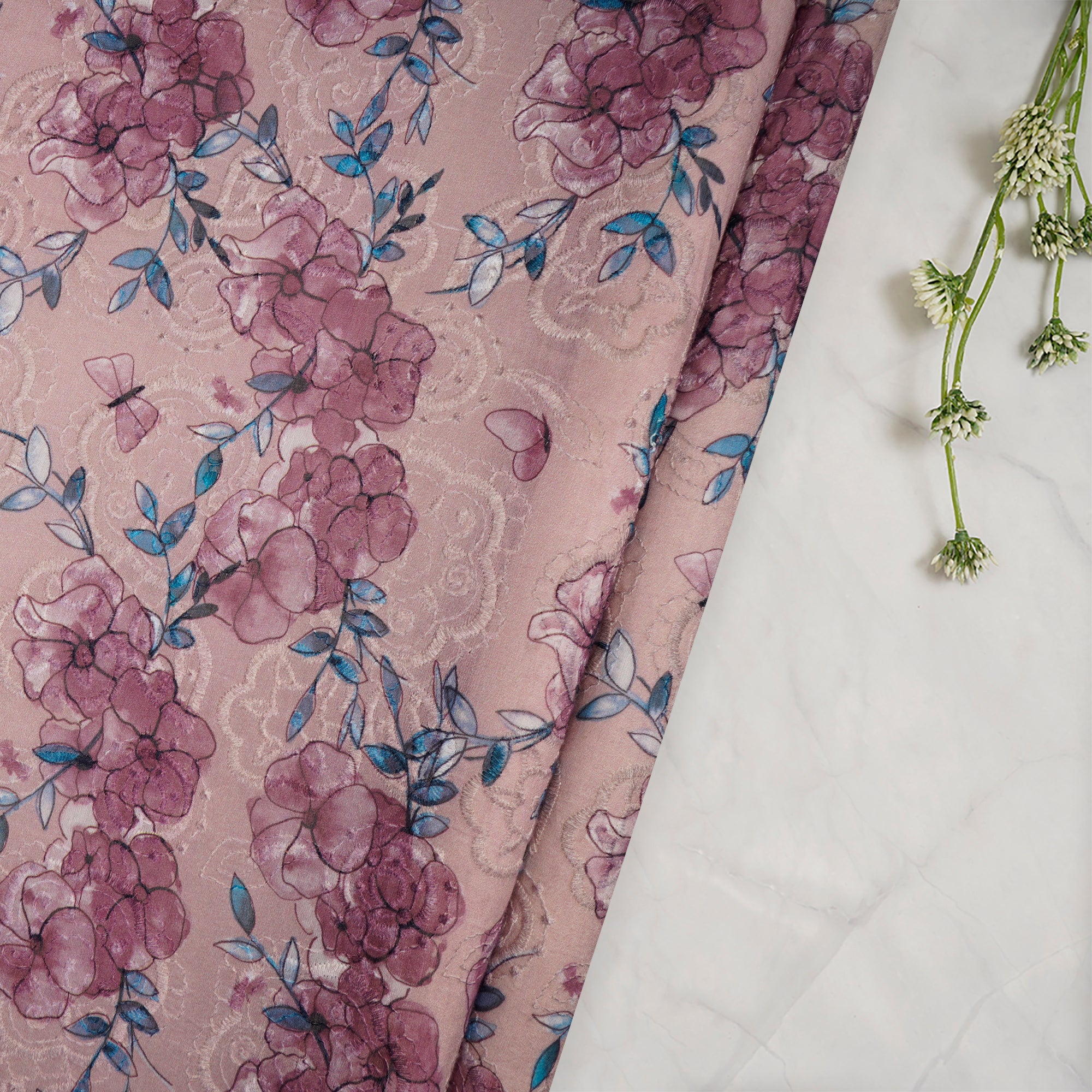 (Pre-Cut 4.20 Mtr)Lavender Floral Pattern Digital Printed Embroidered Pure Chanderi Fabric