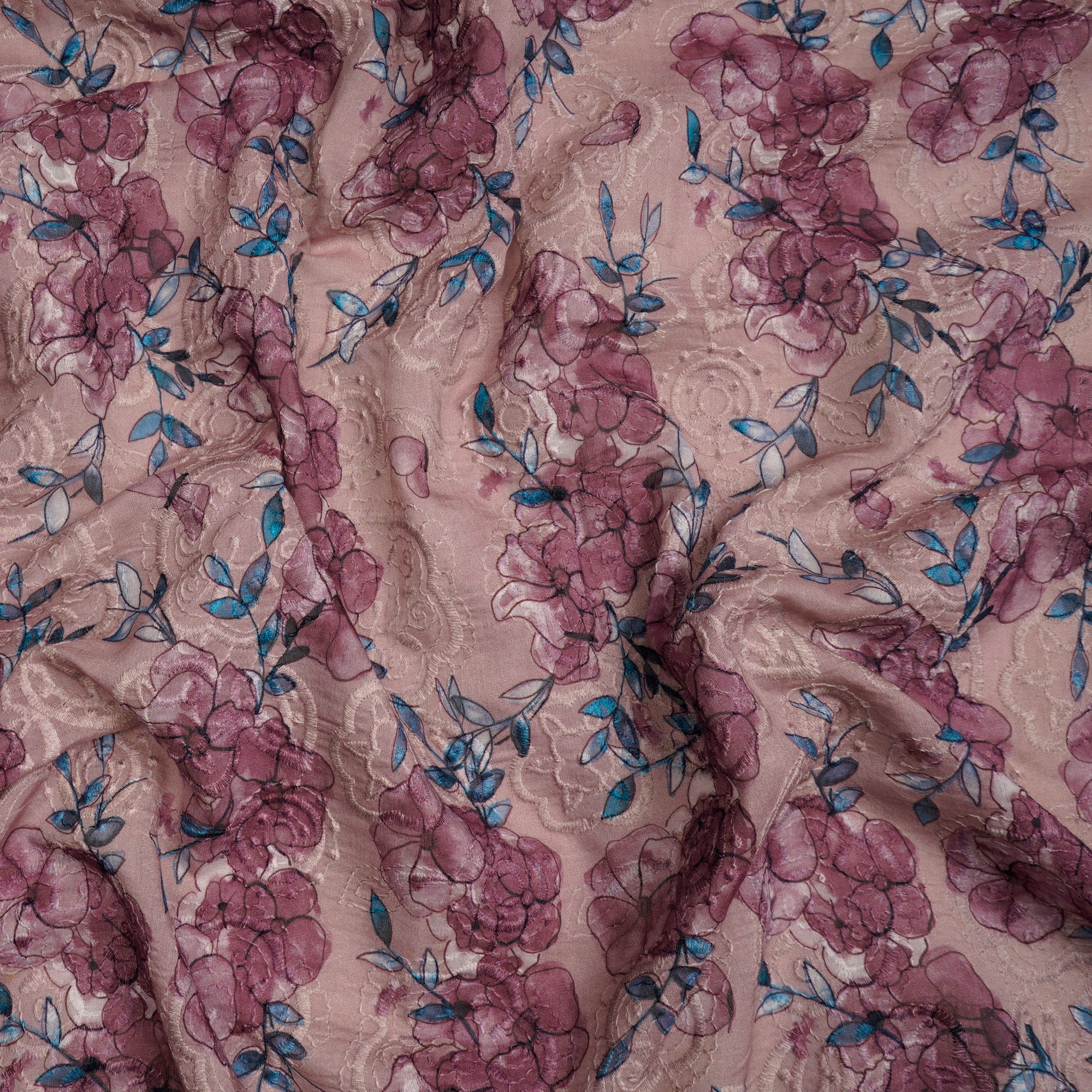 (Pre-Cut 4.20 Mtr)Lavender Floral Pattern Digital Printed Embroidered Pure Chanderi Fabric