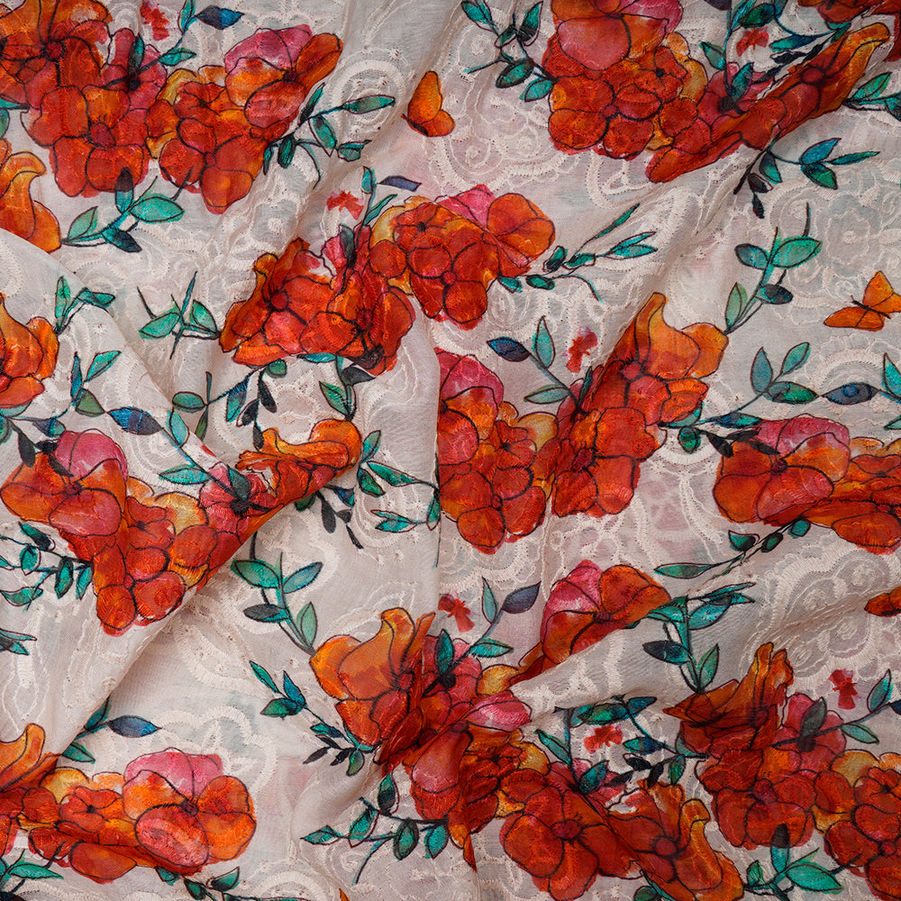 (Pre-Cut 4.60Mtr)Multi Color Digital Printed Embroidered Pure Chanderi Fabric
