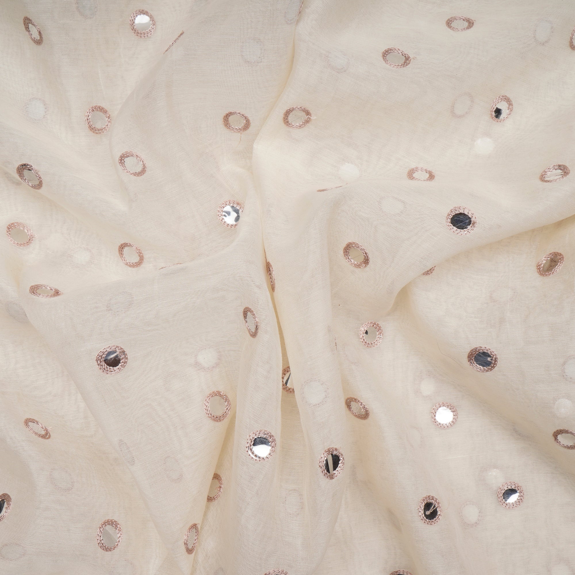 (Pre-Cut 1.90 Mtr) Off-White Dyeable All Over Pattern Thread Embroidered Fine Chanderi Fabric