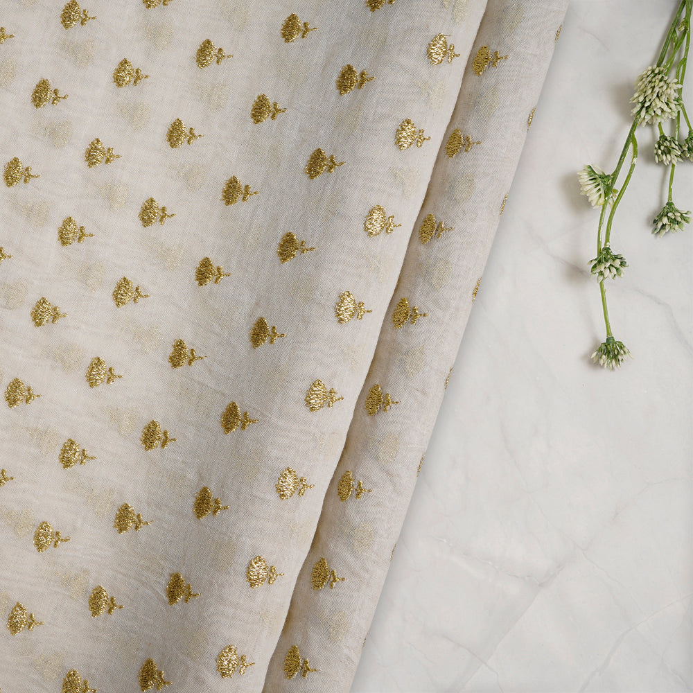 (Pre-Cut 0.50 Mtr)Off-White All Over Pattern Zari Embroidered Fine Chanderi Fabric