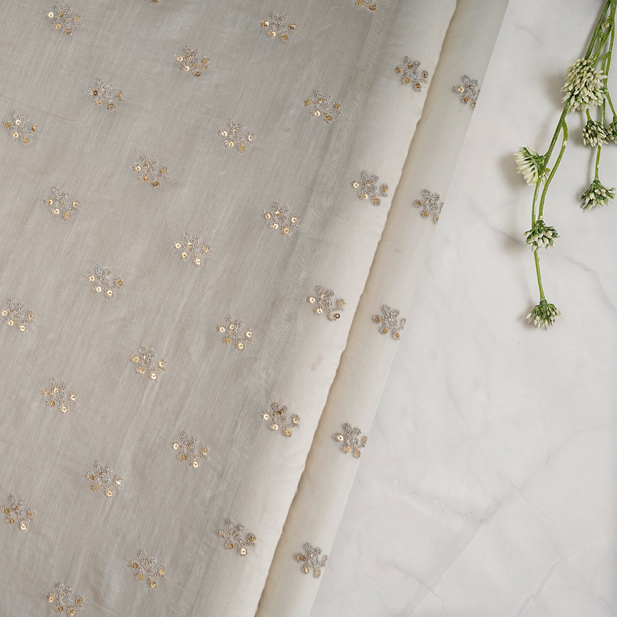 (Pre-Cut 0.80 Mtr) Off-White Dyeable Motif Pattern Zari & Sequins Embroidered Fine Chanderi Fabric