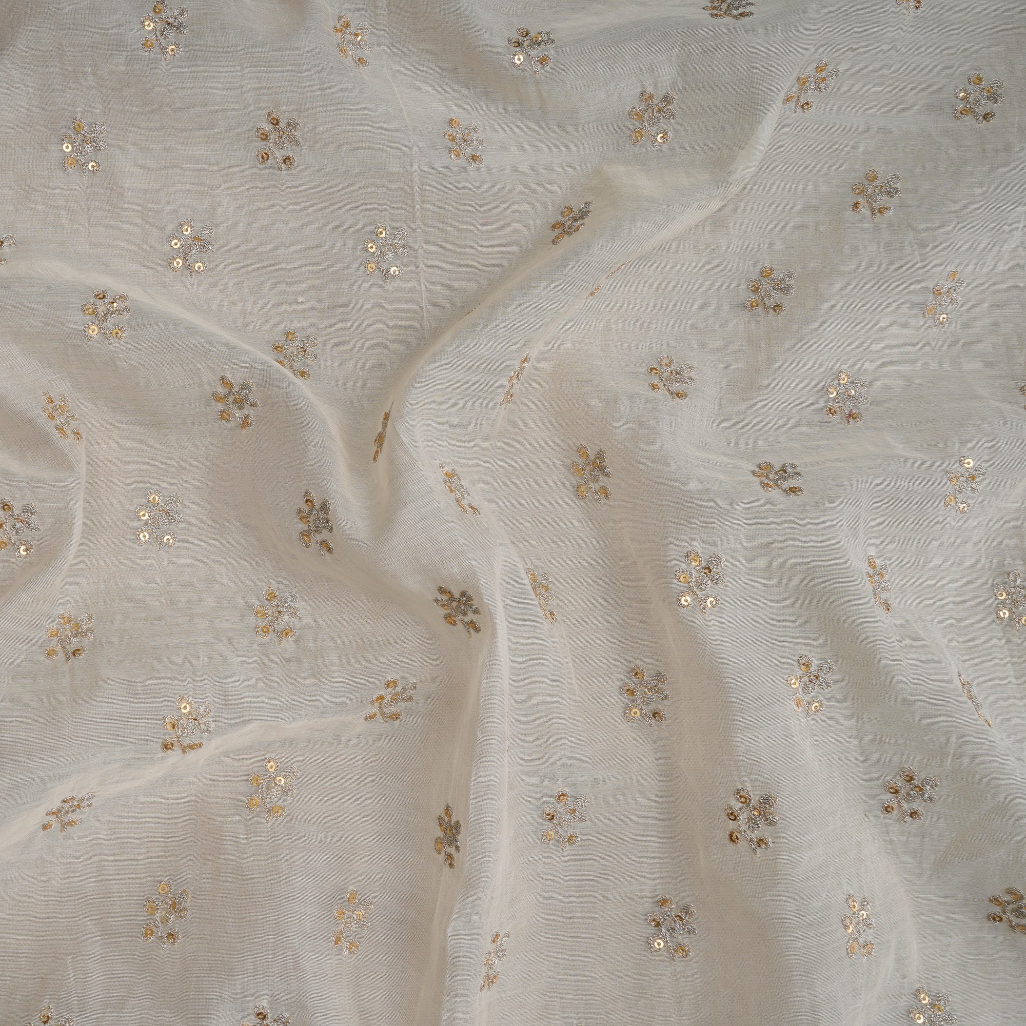 (Pre-Cut 0.80 Mtr) Off-White Dyeable Motif Pattern Zari & Sequins Embroidered Fine Chanderi Fabric