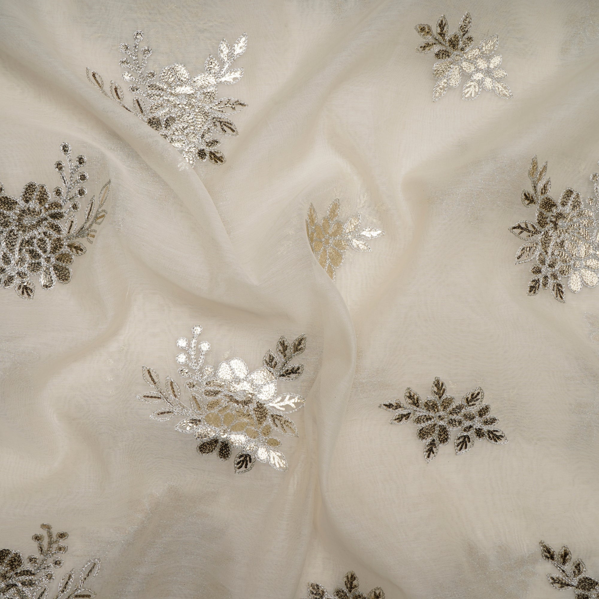 (Pre-Cut 2.70 Mtr)Off White Dyeable Motif Pattern Embroidered Chanderi Fabric