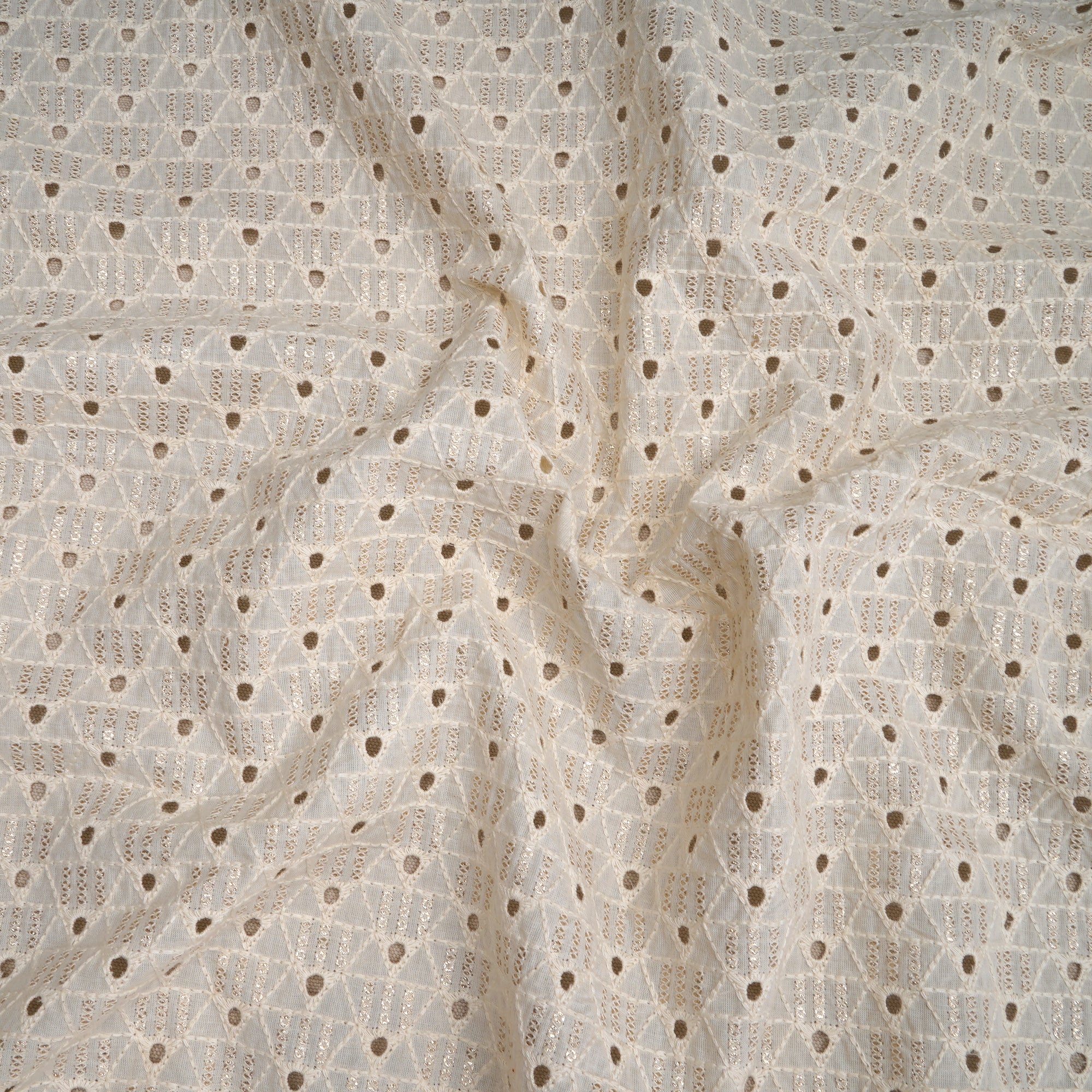 (Pre-Cut 0.95 Mtr) Off-White Dyeable Schiffli Pattern Thread Embroidered Cotton Fabric