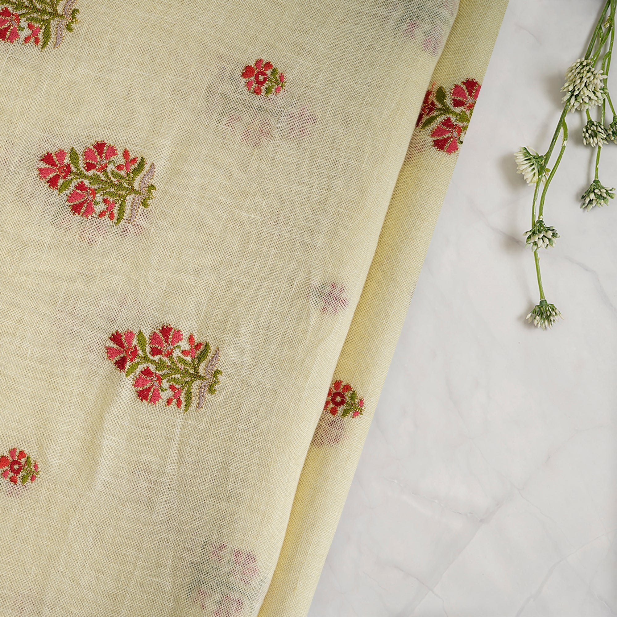 (Pre-Cut 3.20 Mtr) Ethereal Green Floral Motif Pattern Thread Embroidered Linen Fabric