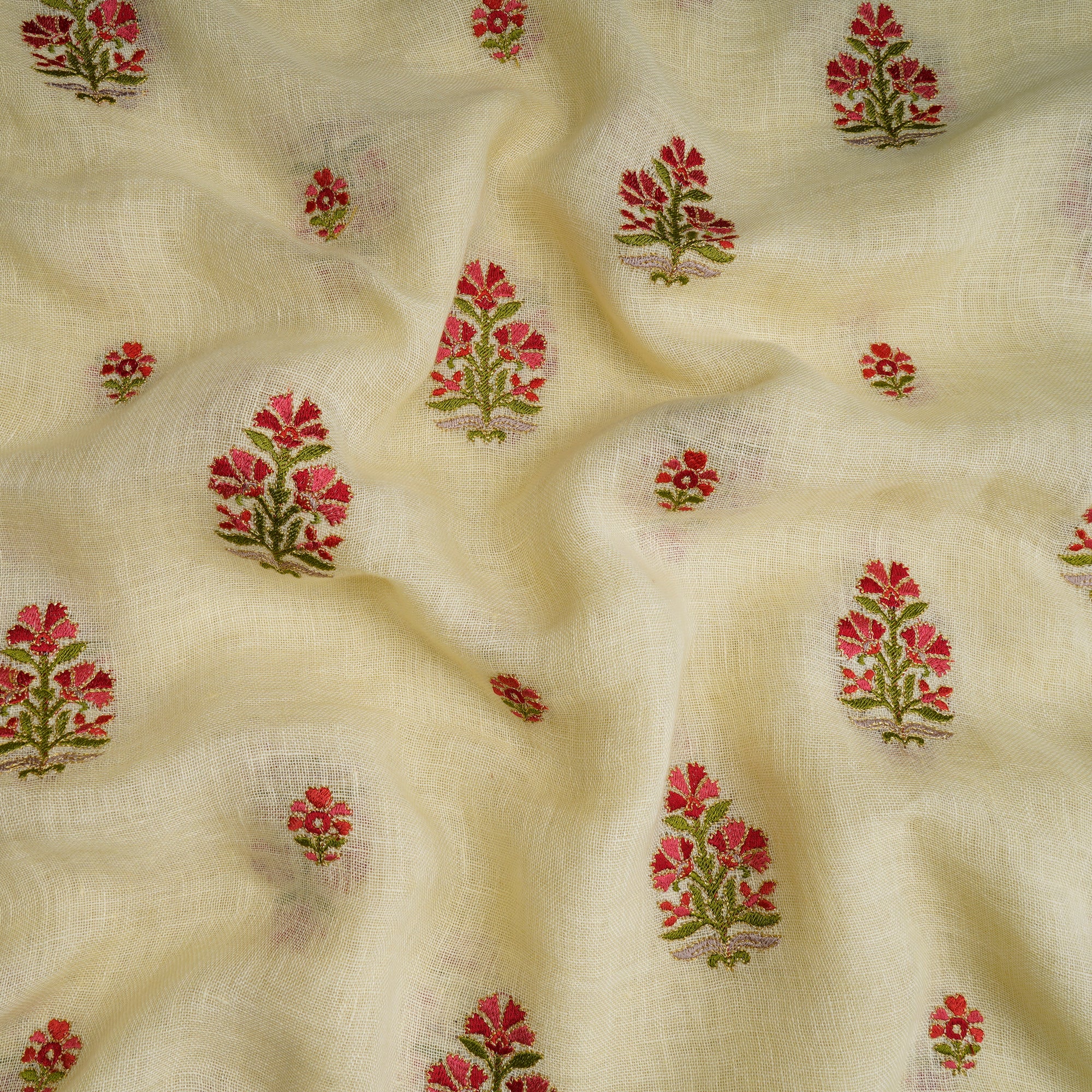 (Pre-Cut 3.20 Mtr) Ethereal Green Floral Motif Pattern Thread Embroidered Linen Fabric