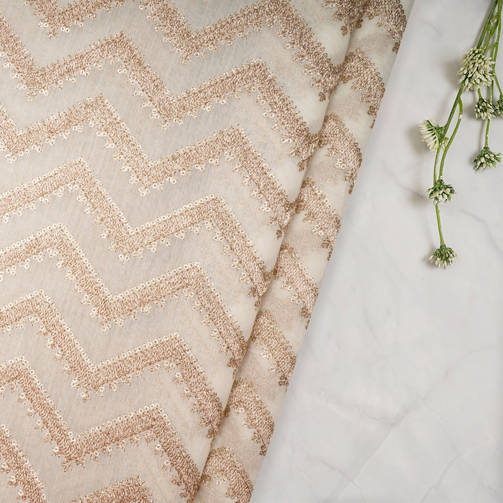 (Pre-Cut 0.90 Mtr)Off-White Dyeable Chevron Pattern Zari & Sequins Embroidered Chanderi Fabric