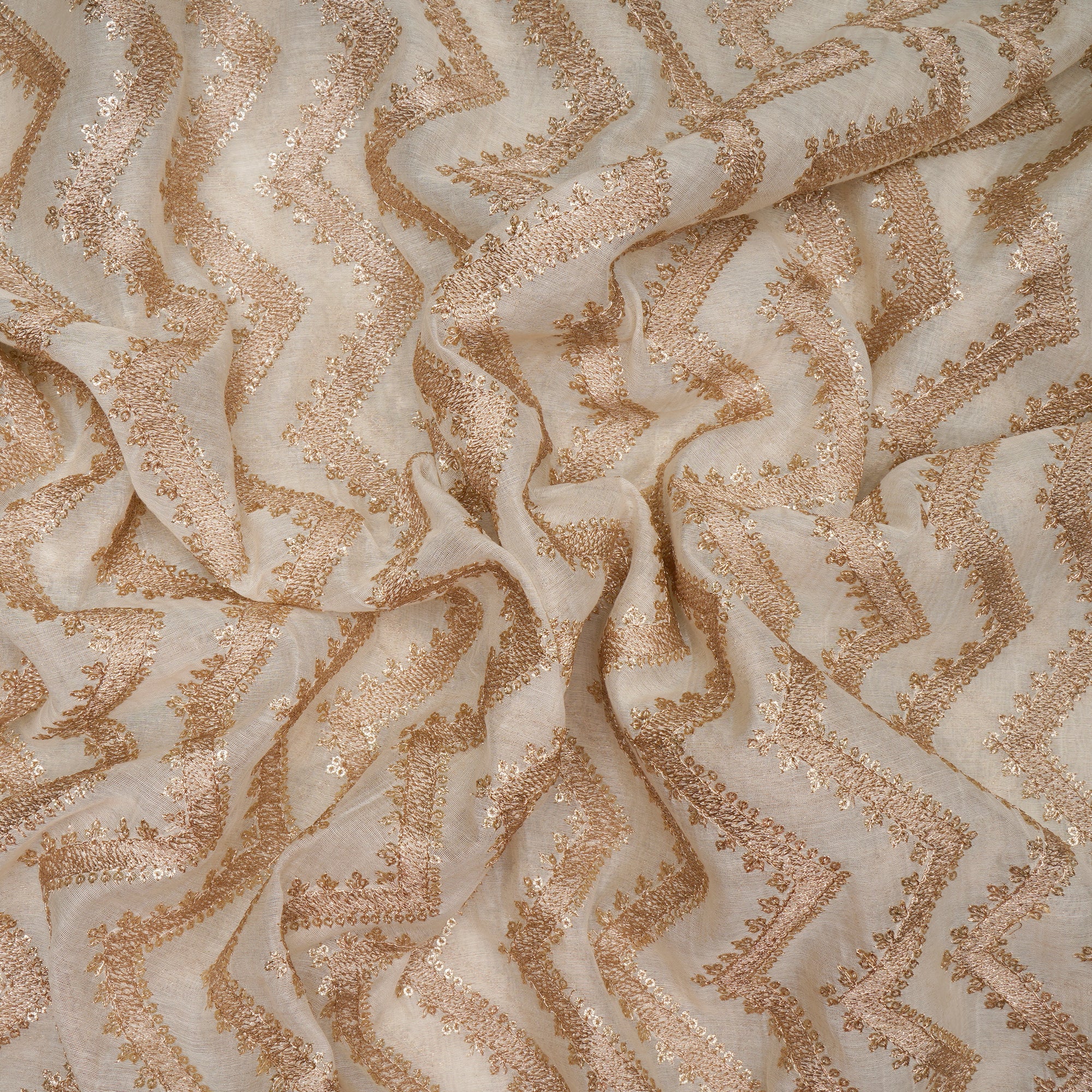 (Pre-Cut 0.90 Mtr)Off-White Dyeable Chevron Pattern Zari & Sequins Embroidered Chanderi Fabric