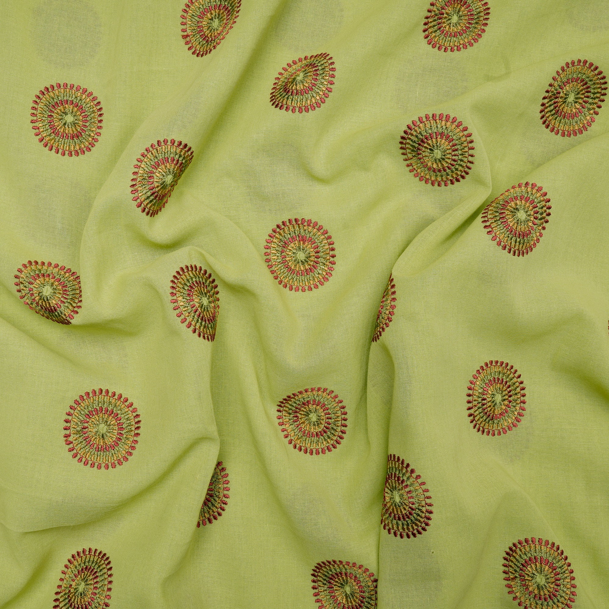 (Pre-Cut 3.40 Mtr) Light Green Motif Pattern Thread Embroidered Cotton Fabric