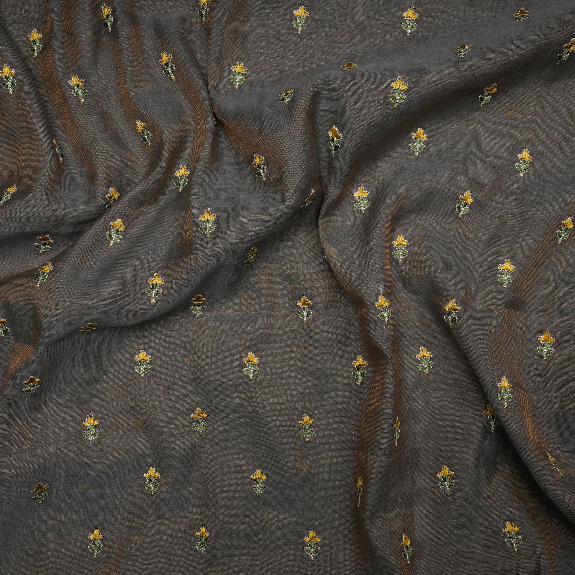(Pre-Cut 4.40 Mtr)Grey-gold Thread Work Floral Booti Embroidered Fine Chanderi Tissue Fabric