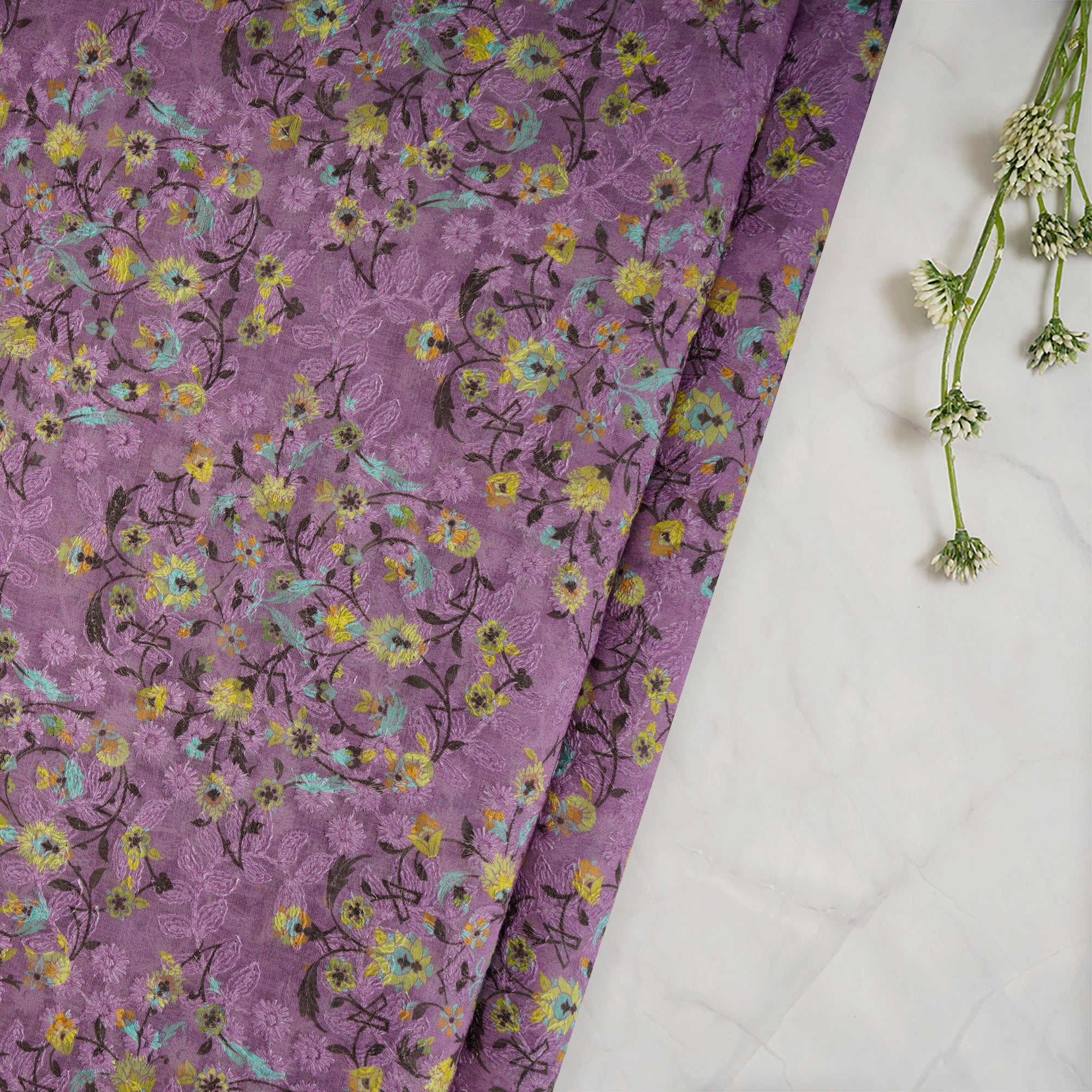 (Pre-Cut 4.30 Mtr)Purple Floral Pattern Thread Embroidered Fine Chanderi Fabric