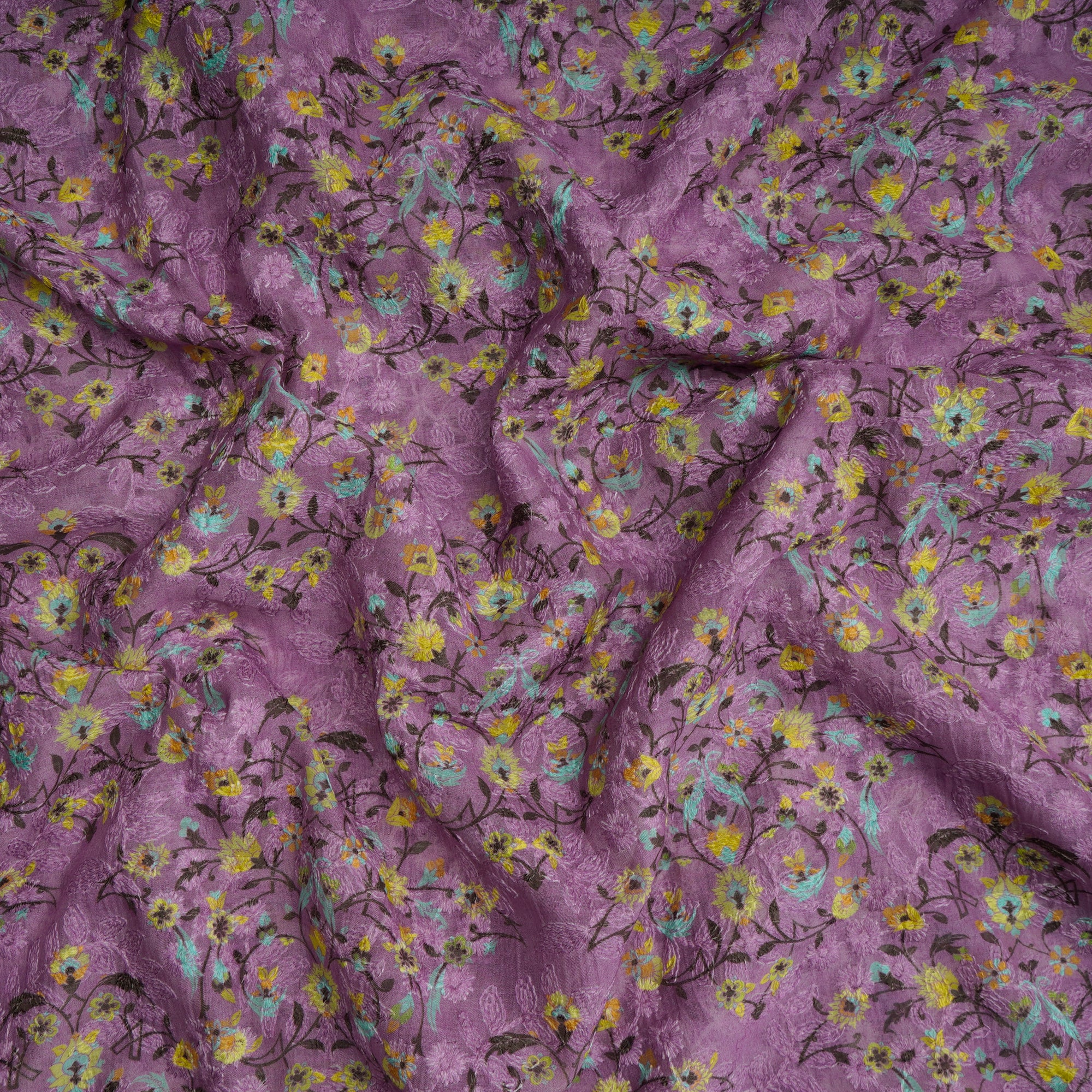 (Pre-Cut 4.30 Mtr)Purple Floral Pattern Thread Embroidered Fine Chanderi Fabric